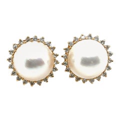 Orecchini retrò in oro giallo 14K Mabe con diamanti naturali e perle da 1,2 carati