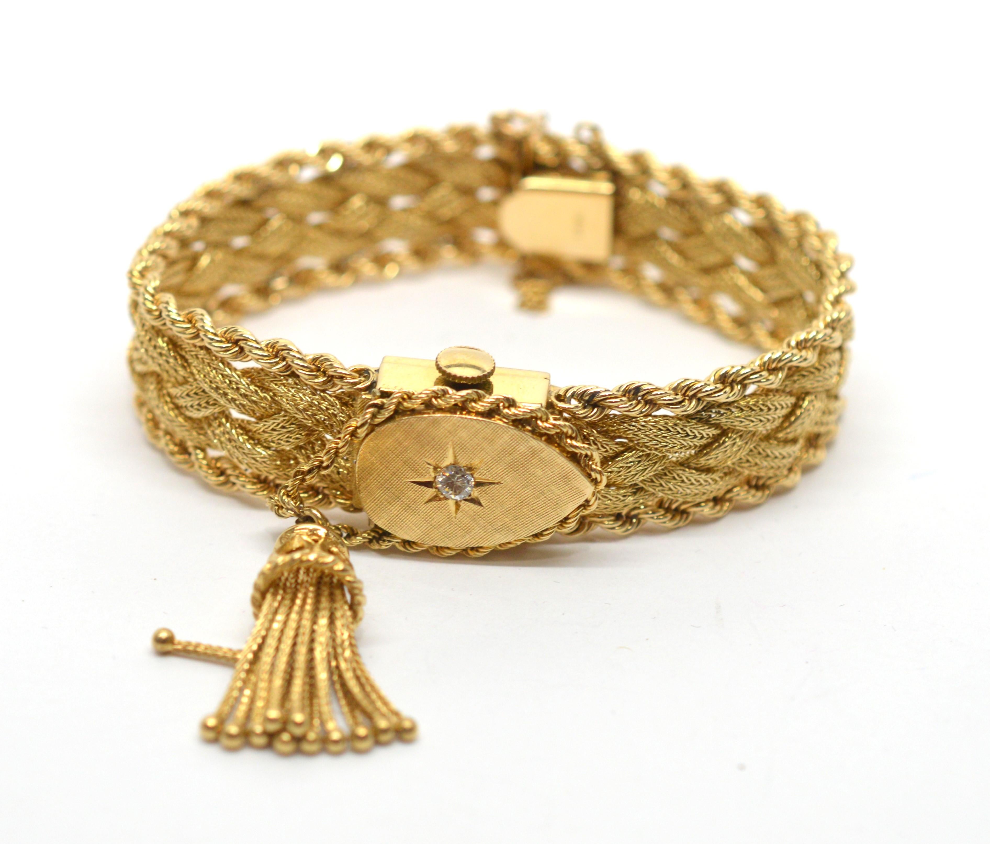 Retro 14K Yellow Gold Mystery Watch Diamond Bracelet w Accent Tassel Charm For Sale 6