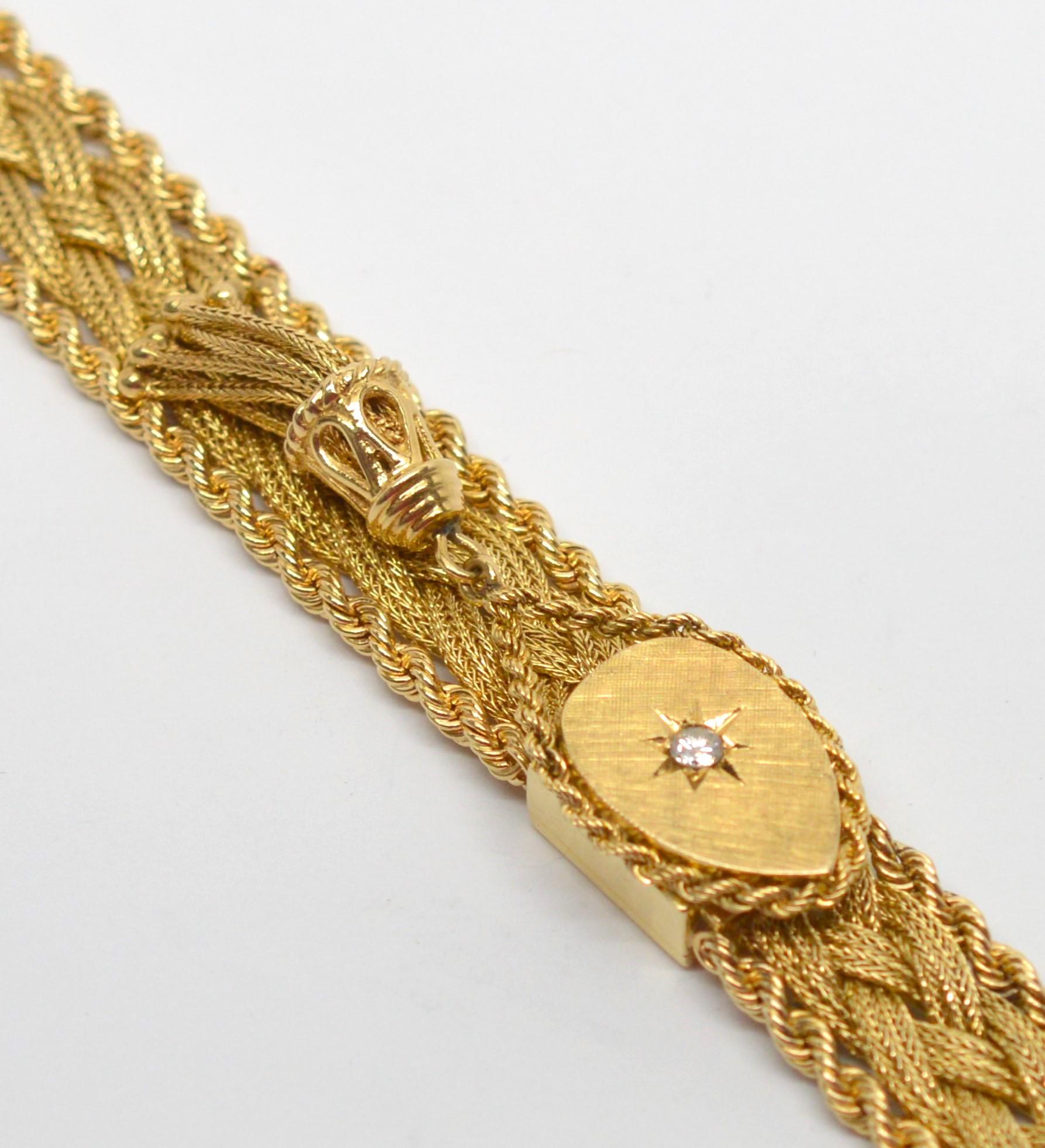 Round Cut Retro 14K Yellow Gold Mystery Watch Diamond Bracelet w Accent Tassel Charm For Sale