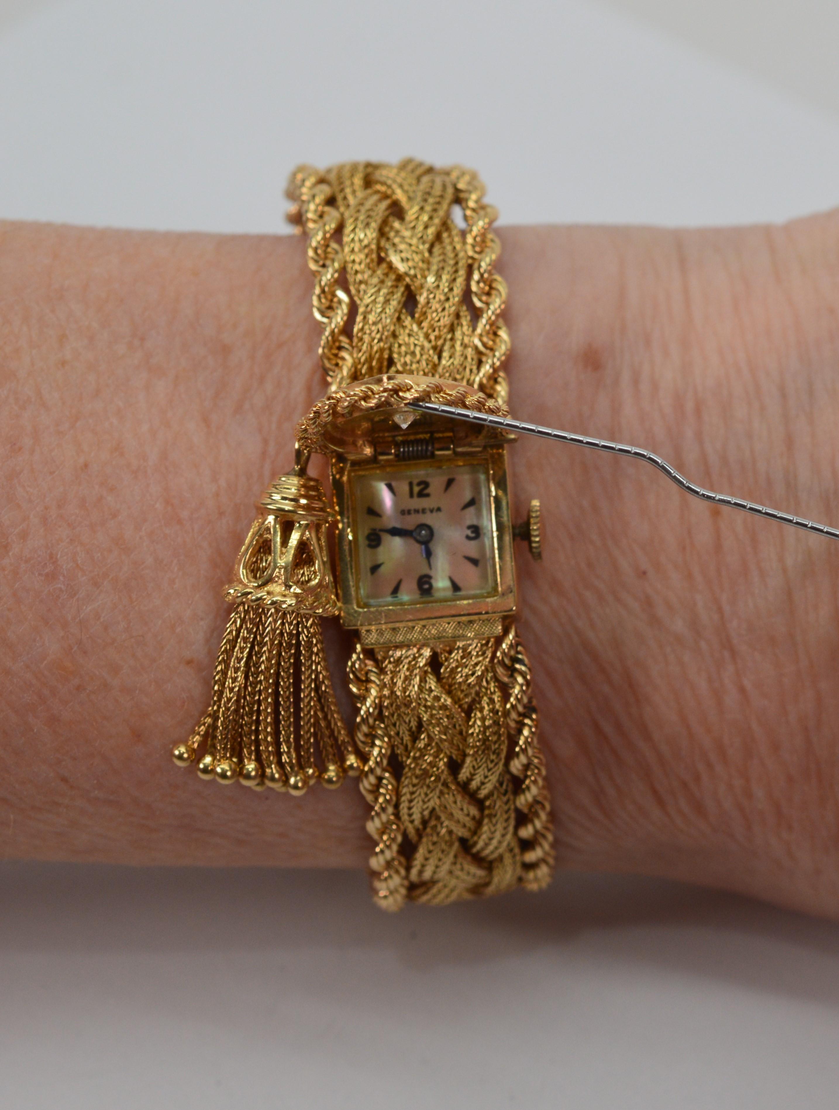 Retro 14K Yellow Gold Mystery Watch Diamond Bracelet w Accent Tassel Charm In Excellent Condition For Sale In Mount Kisco, NY