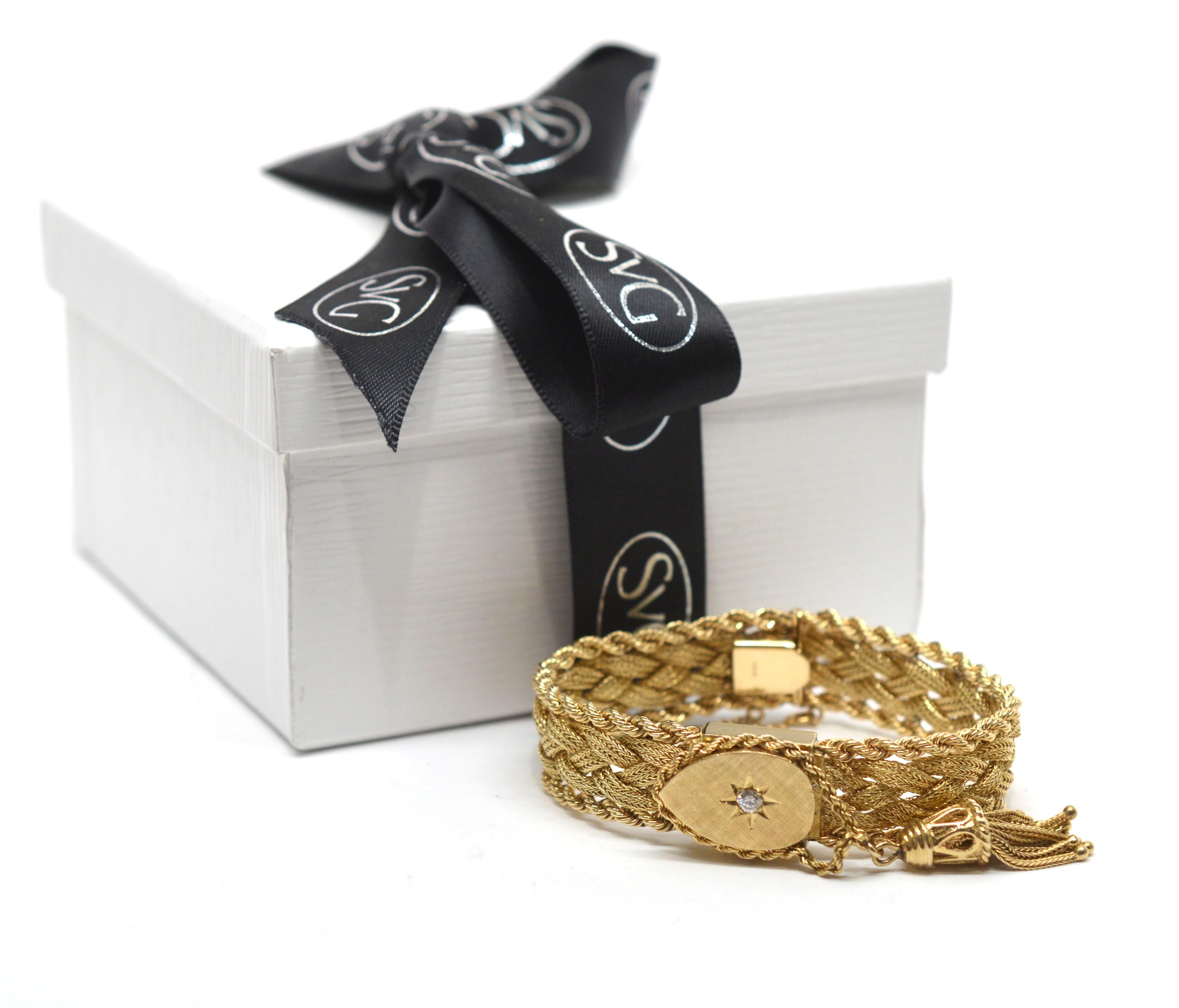 Women's Retro 14K Yellow Gold Mystery Watch Diamond Bracelet w Accent Tassel Charm For Sale