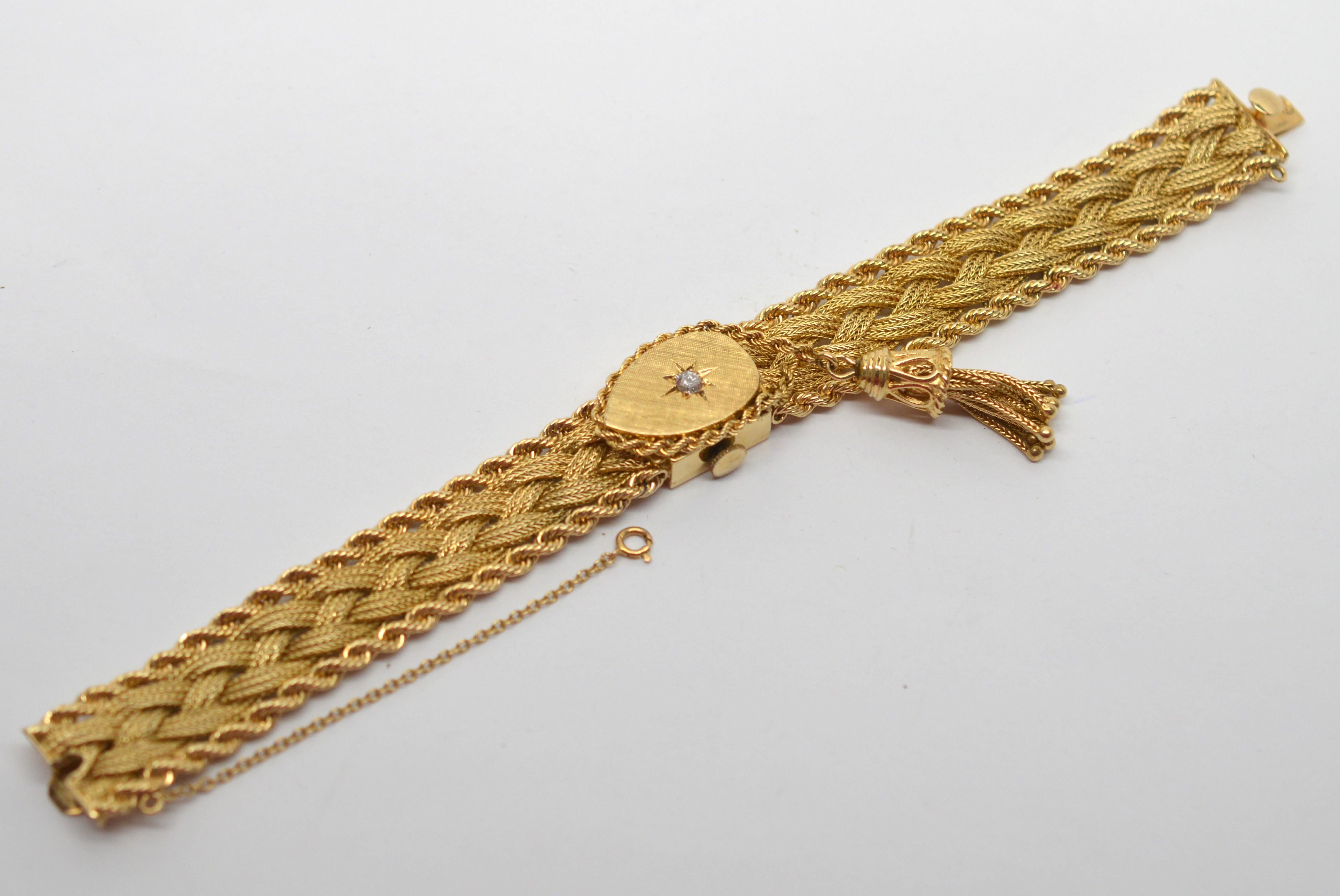 Retro 14K Yellow Gold Mystery Watch Diamond Bracelet w Accent Tassel Charm For Sale 1