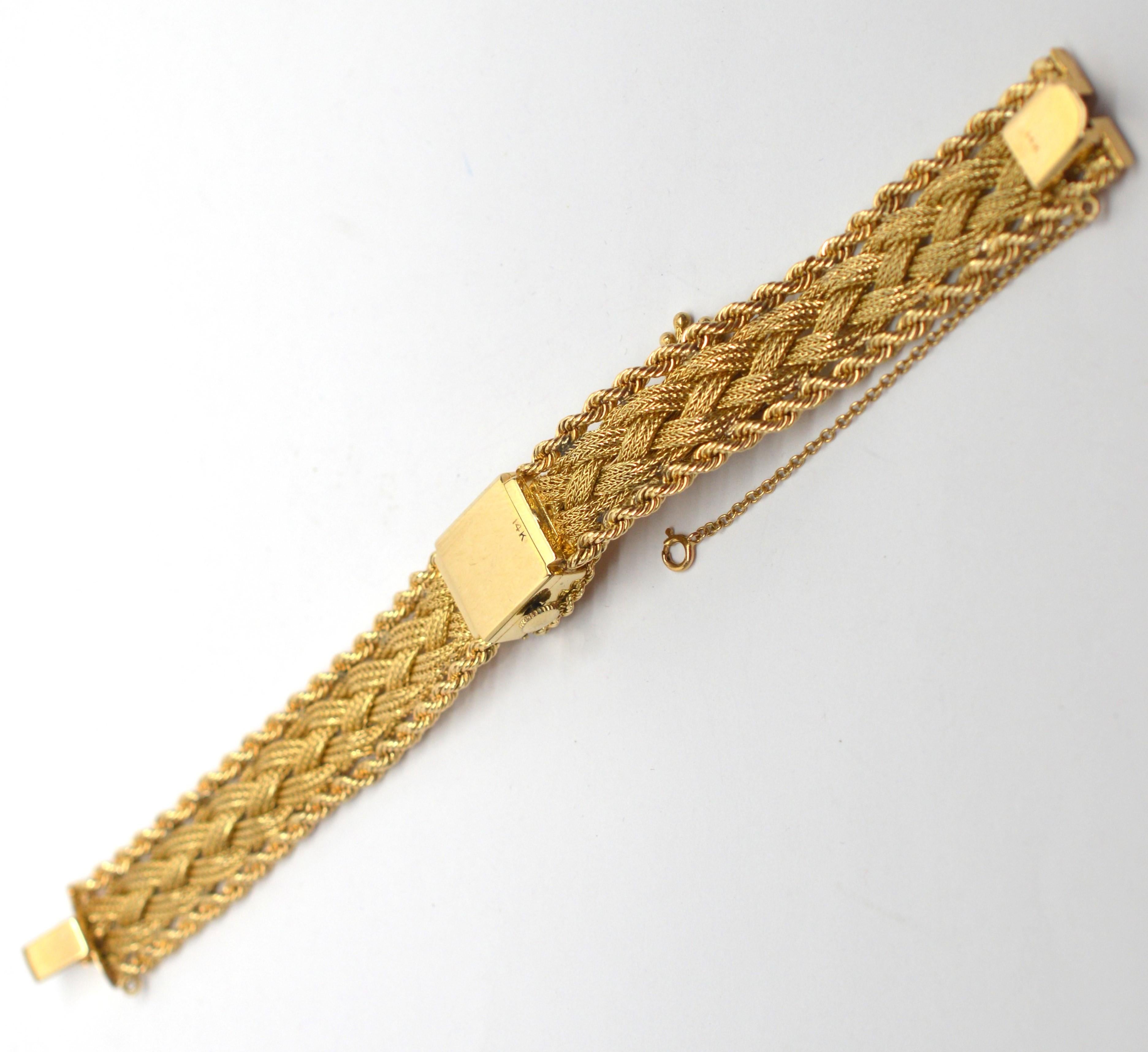 Retro 14K Yellow Gold Mystery Watch Diamond Bracelet w Accent Tassel Charm For Sale 2