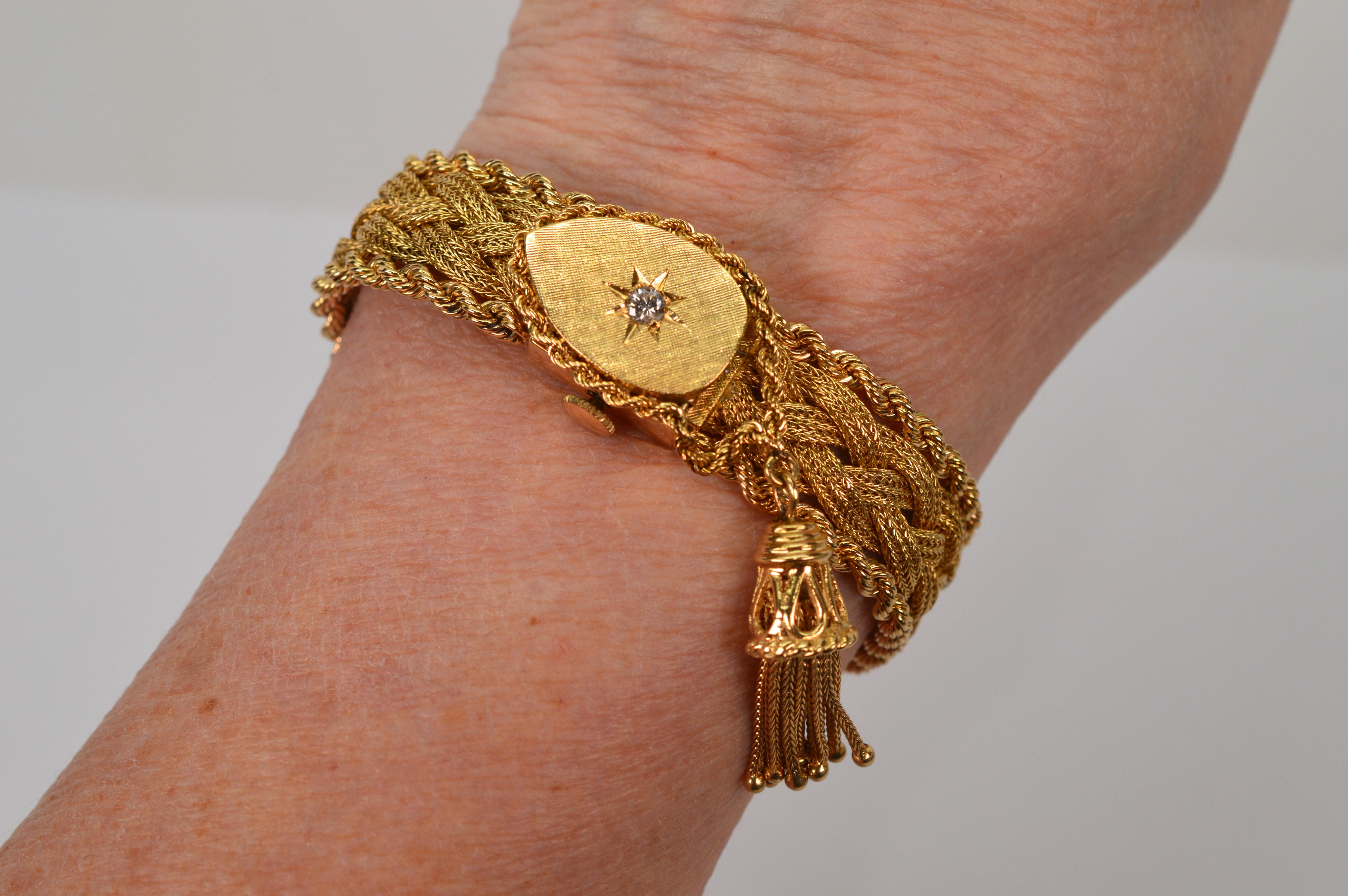 Retro 14K Yellow Gold Mystery Watch Diamond Bracelet w Accent Tassel Charm For Sale 4