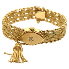 Retro 14K Yellow Gold Mystery Watch Diamond Bracelet w Accent Tassel Charm