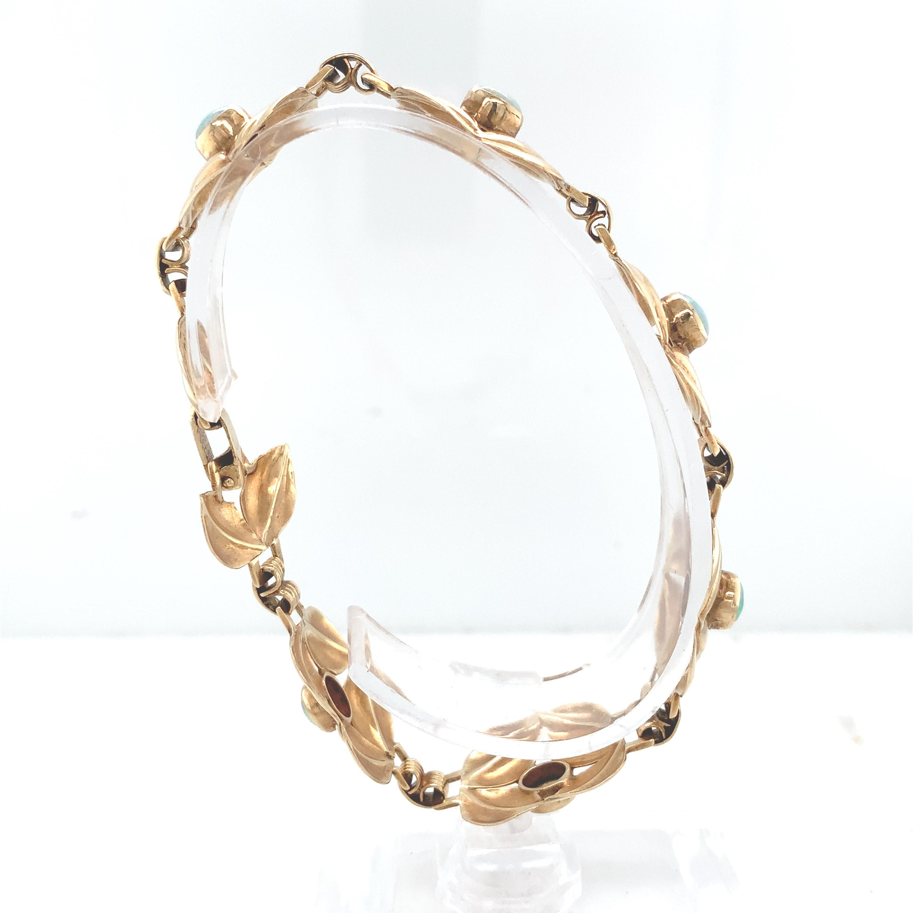 Taille ronde Bracelet rétro à maillons en or jaune 14 carats avec 6 opales vibrantes en vente