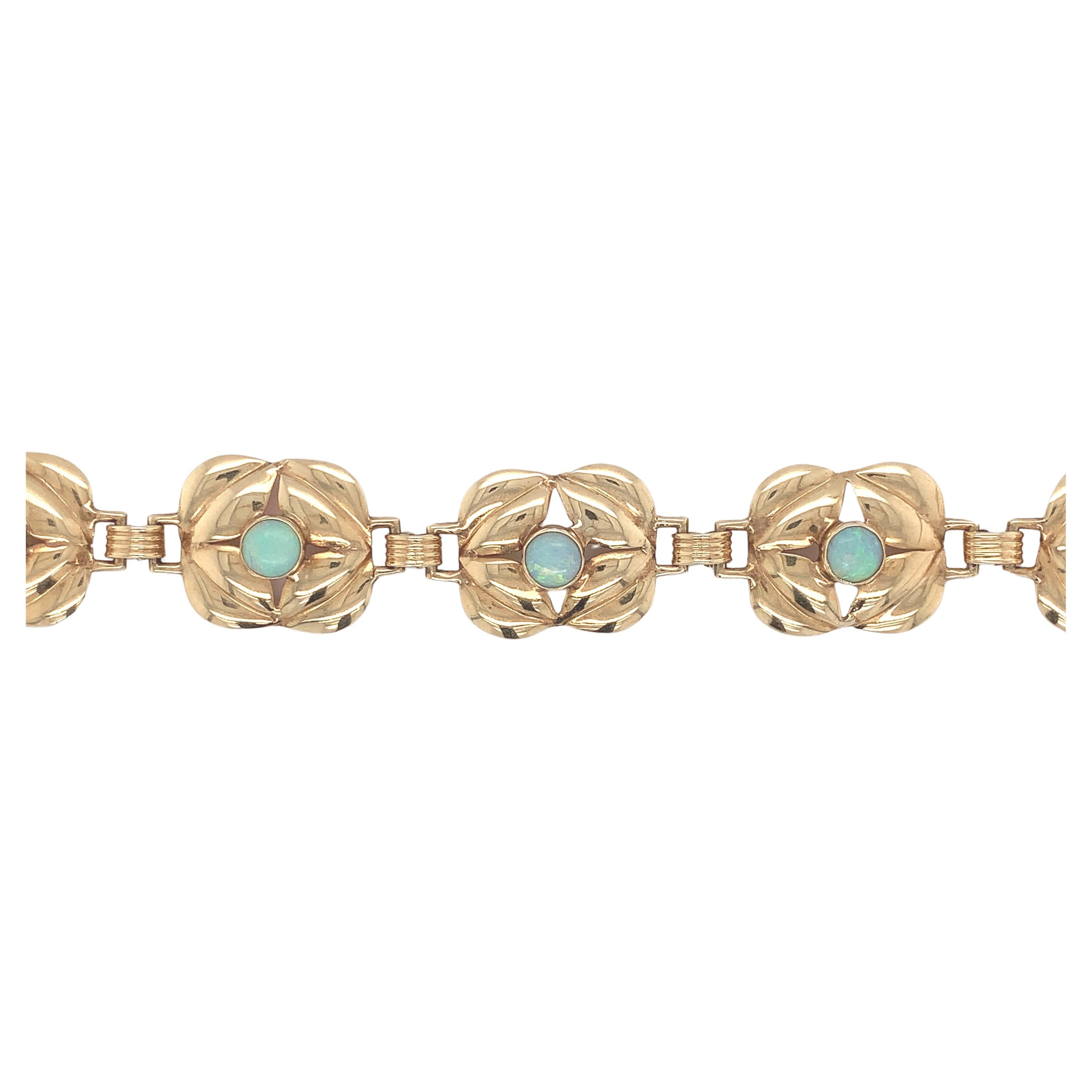 Retro 14K Yellow Gold Opal Leaf Link Bracelet with 6 Vibrant Opals