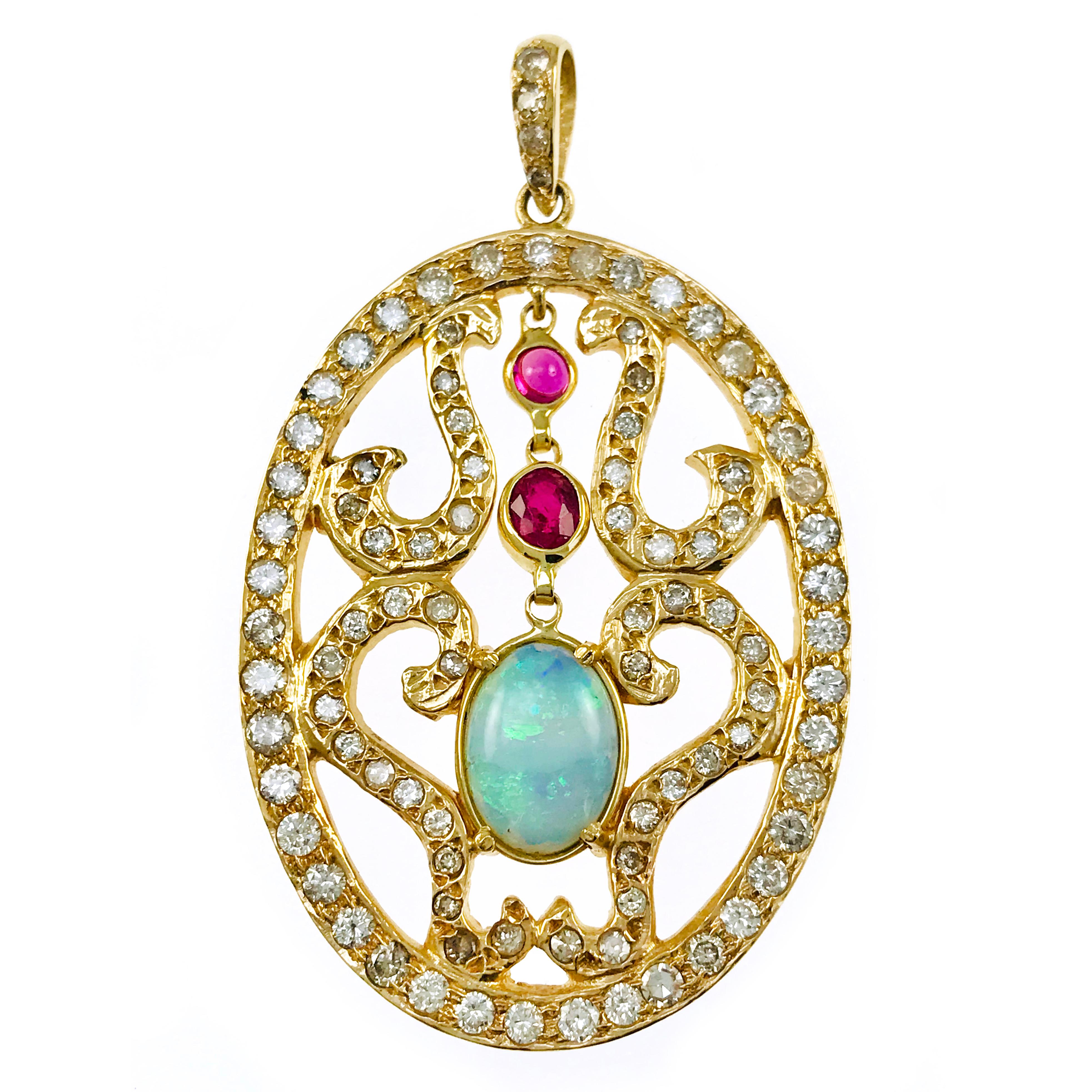 Retro 14k Yellow Gold Opal Ruby Diamond Pendant, United States, 1980s