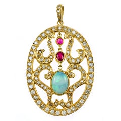 Retro 14k Gelbgold Opal Rubin Diamant Anhänger, Vereinigte Staaten, 1980er Jahre