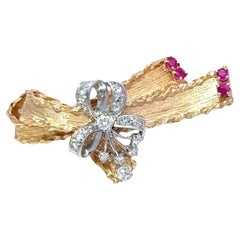 Retro 14k Yellow Gold & Platinum Diamond Ruby Floral Ribbon Bow Brooch