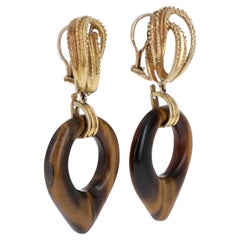 Retro 14K Yellow Gold Removable Agate Dangle Clip-On Earrings