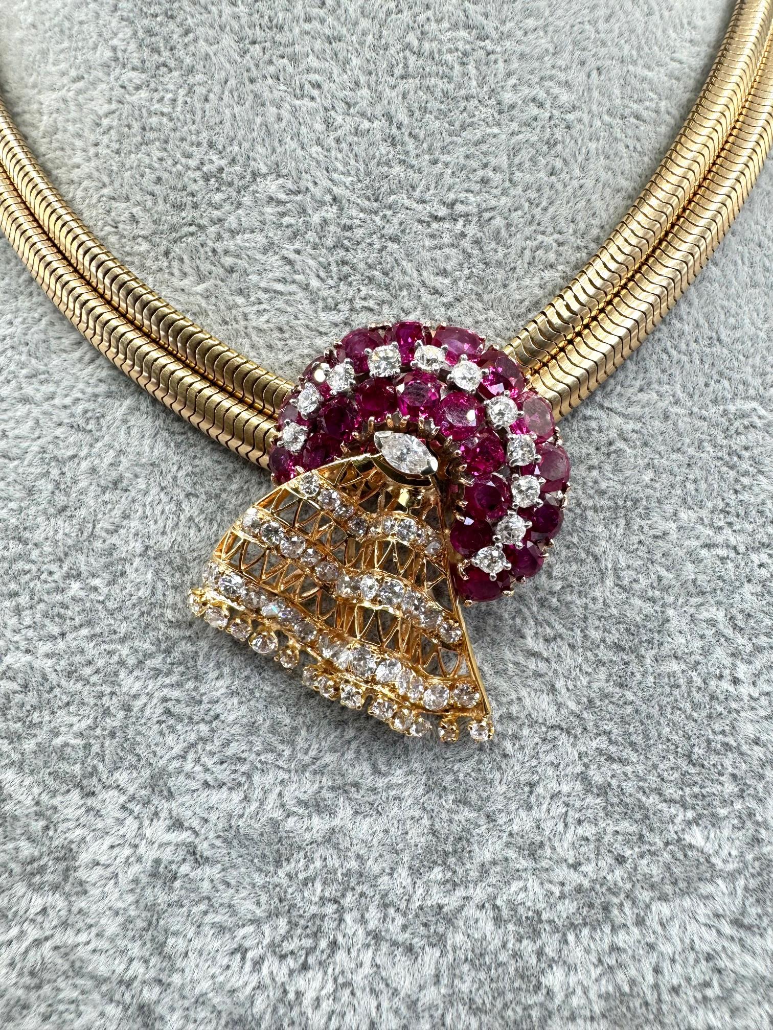 Collana retrò in oro giallo 14K con rubini e diamanti In condizioni ottime in vendita a Great Neck Plaza, NY