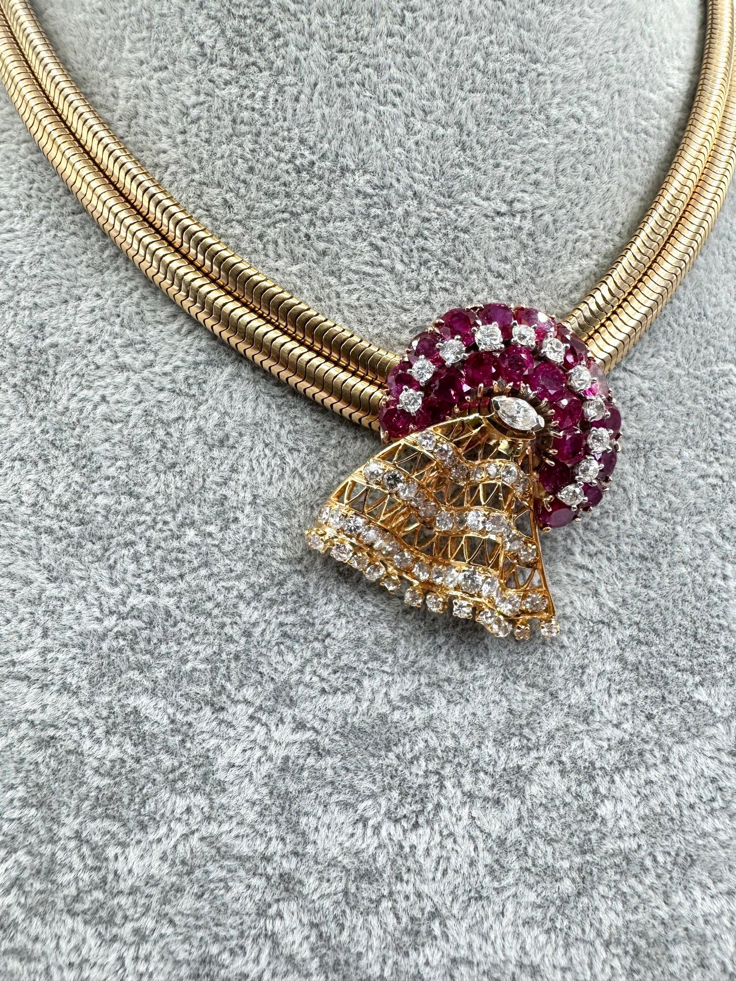 Donna Collana retrò in oro giallo 14K con rubini e diamanti in vendita