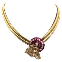 Retro 14K Gelbgold Rubin- und Diamant-Halskette