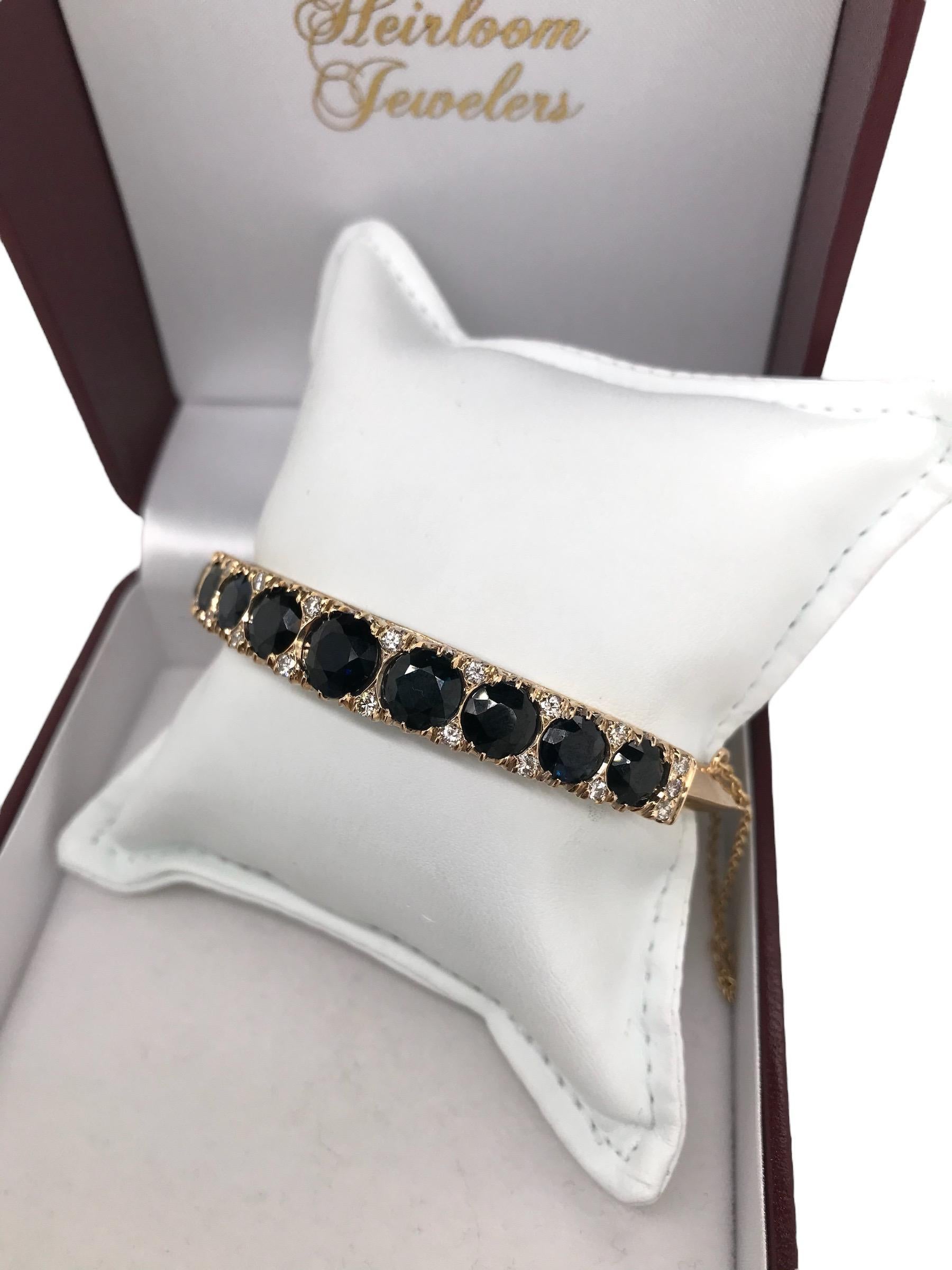 Retro 14K Yellow Gold Sapphire Bangle Bracelet For Sale 4