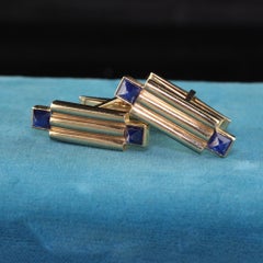 Retro 14K Yellow Gold Sugarloaf Sapphire Geometric Cufflinks