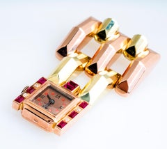 Retro 14 Karat Rose and Yellow Gold Diamond and Ruby Pocket Watch Brooch