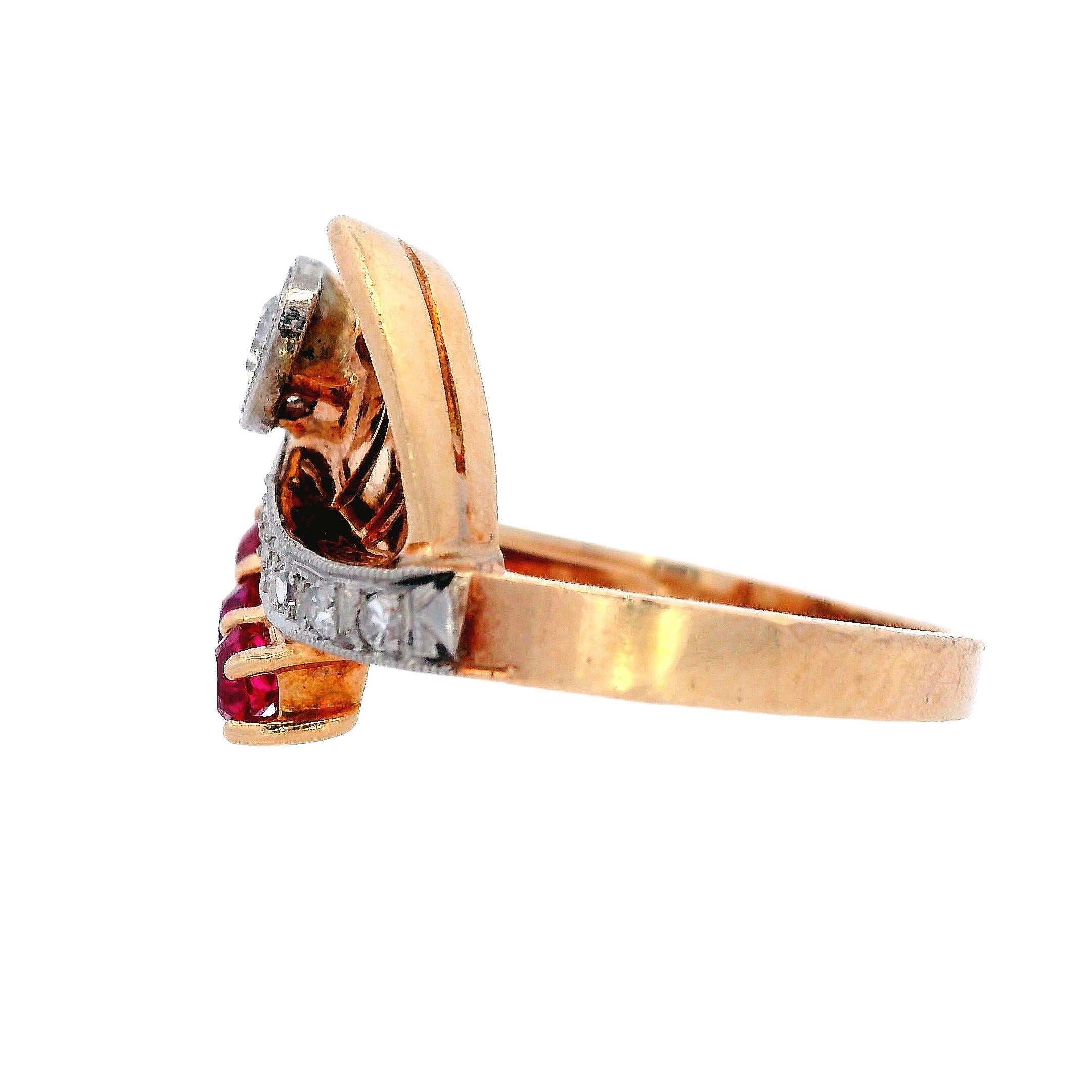 Old Mine Cut Retro 14kt Gold Ring with Diamonds and synthetic Rubies For Sale