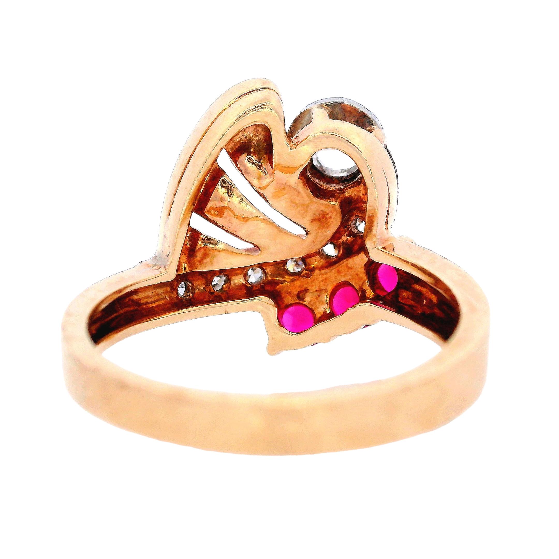 Women's or Men's Retro 14kt Gold Ring with Diamonds and synthetic Rubies For Sale