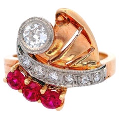 Retro 14kt Gold Ring with Diamonds and synthetic Rubies