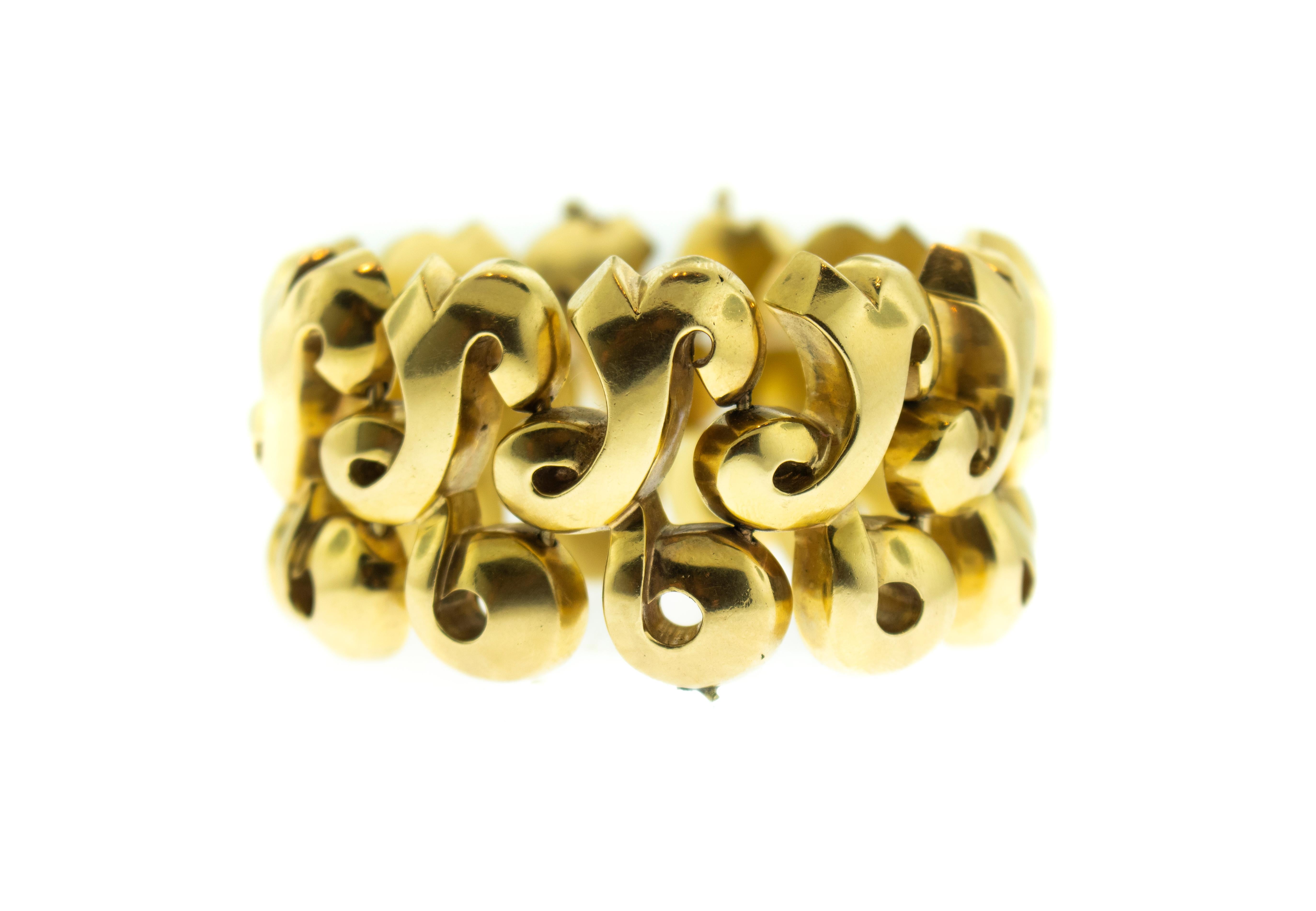 Modern Retro 14 Karat Gold Wide Link Cuff Bracelet