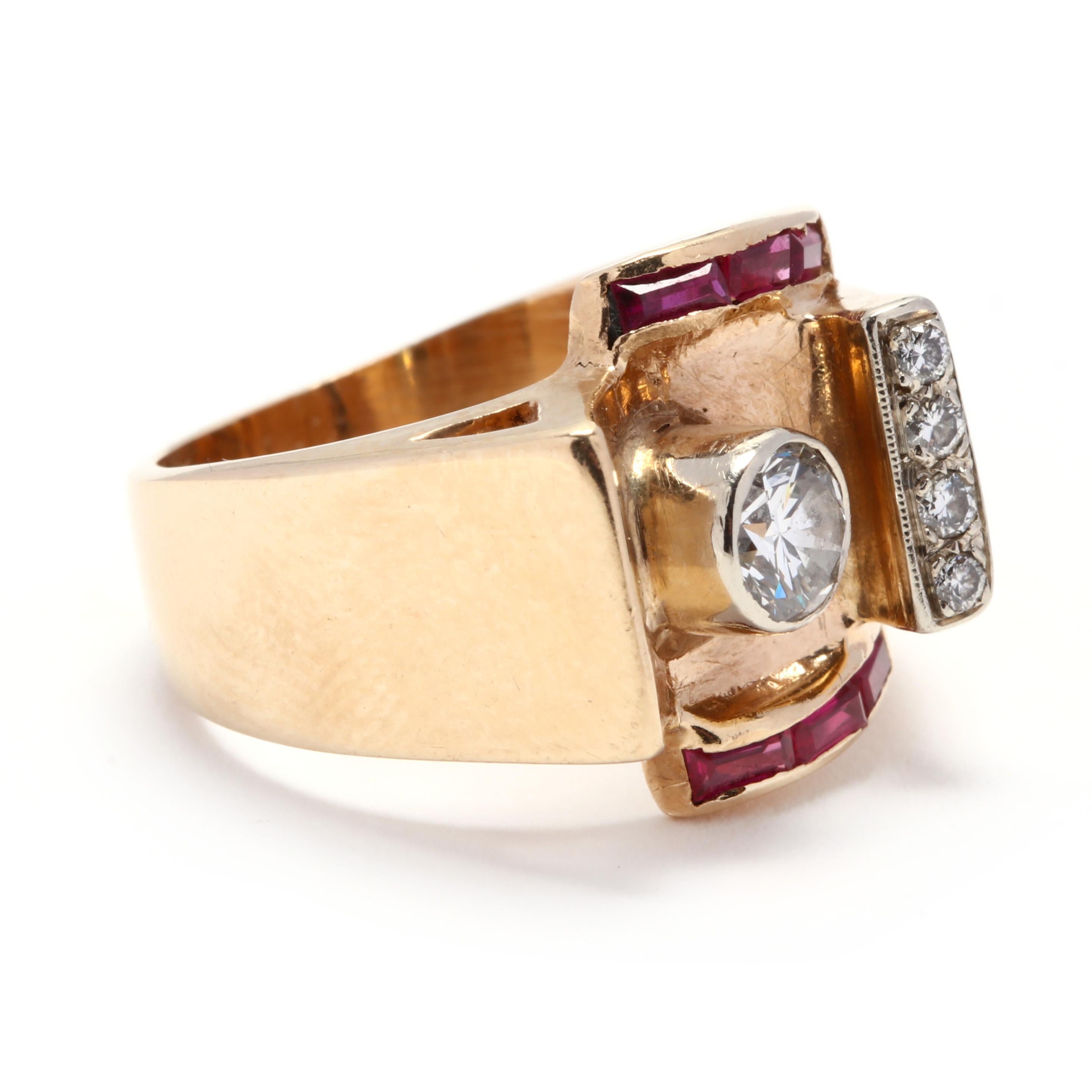 A retro 14 karat rose gold, diamond and synthetic ruby ring. An abstract buckle design centered on a bezel set, round cut diamond weighing approximately .46 carat with four bead set round cut diamonds to one side and channel set, baguette cut made