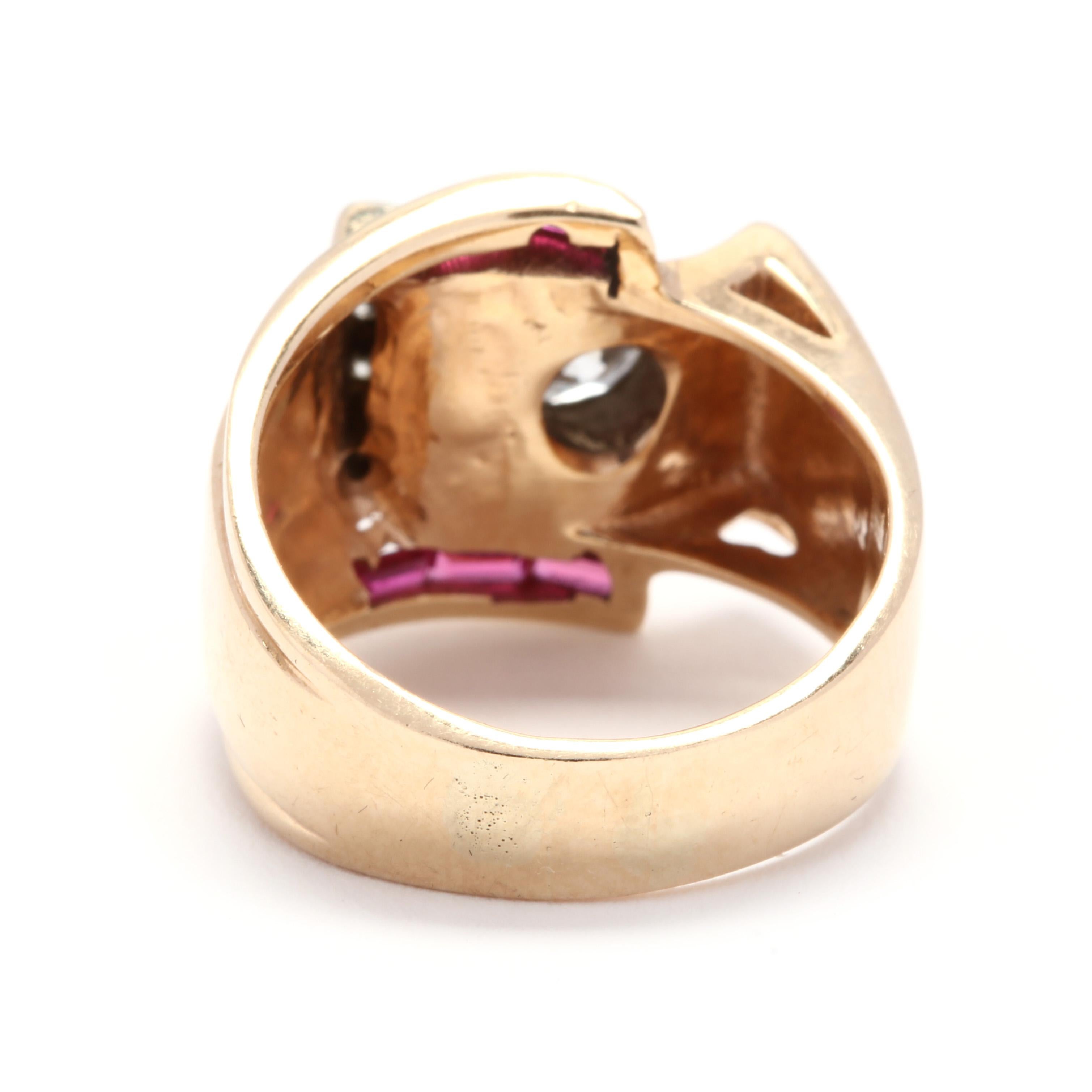 Round Cut Retro 14 Karat Rose Gold, Diamond and Ruby Cocktail Ring