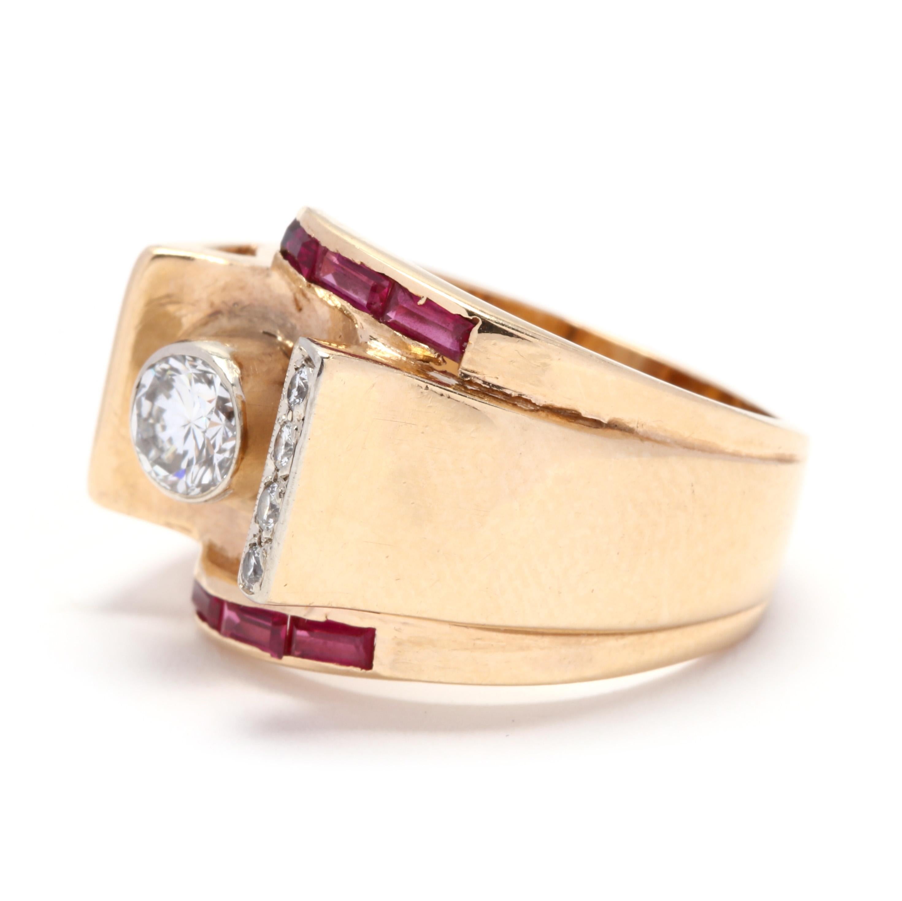 Retro 14 Karat Rose Gold, Diamond and Ruby Cocktail Ring In Good Condition In McLeansville, NC