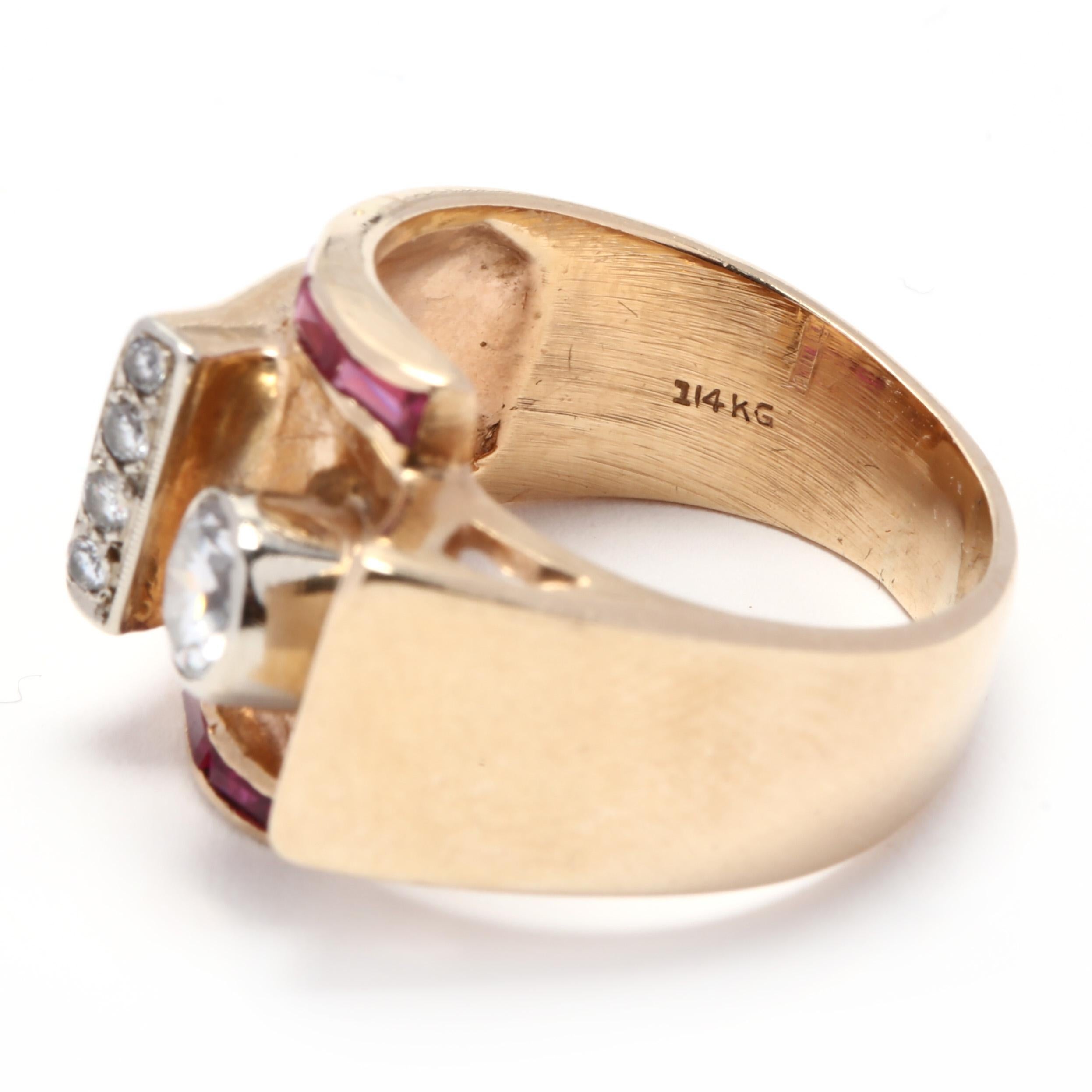 Women's or Men's Retro 14 Karat Rose Gold, Diamond and Ruby Cocktail Ring