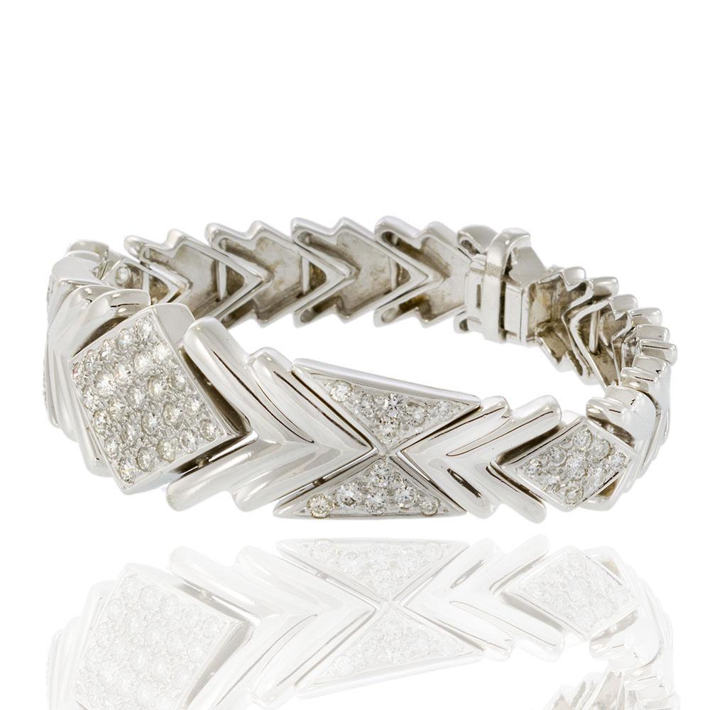 Pulsera Retro de Diamantes Chevron en Oro Blanco de 14 KT Corte redondo en venta