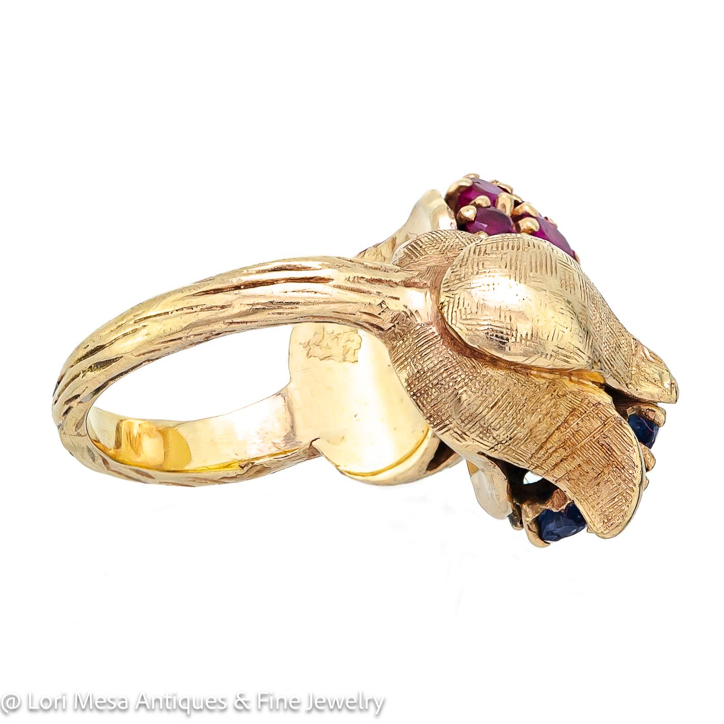 Retro 14kt Yellow Gold Ruby and Sapphire Floral Crossover Ring For Sale 1