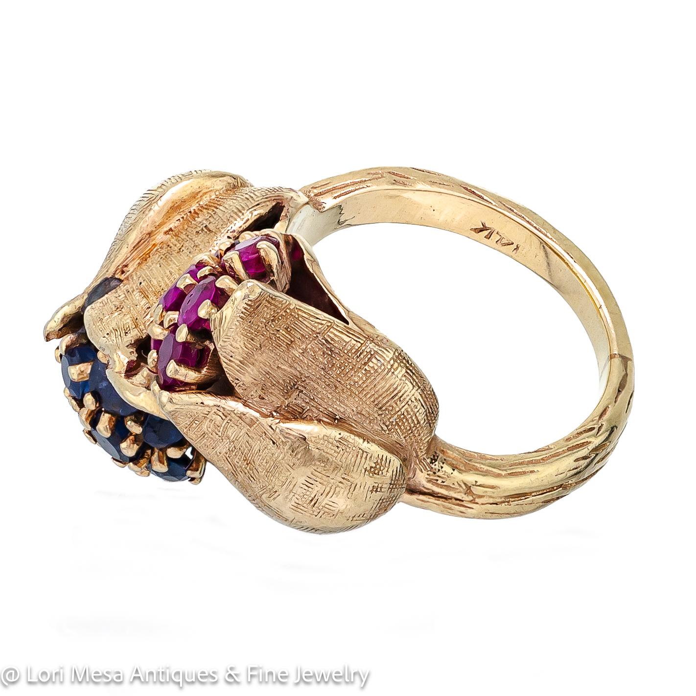 Retro 14kt Yellow Gold Ruby and Sapphire Floral Crossover Ring For Sale 2