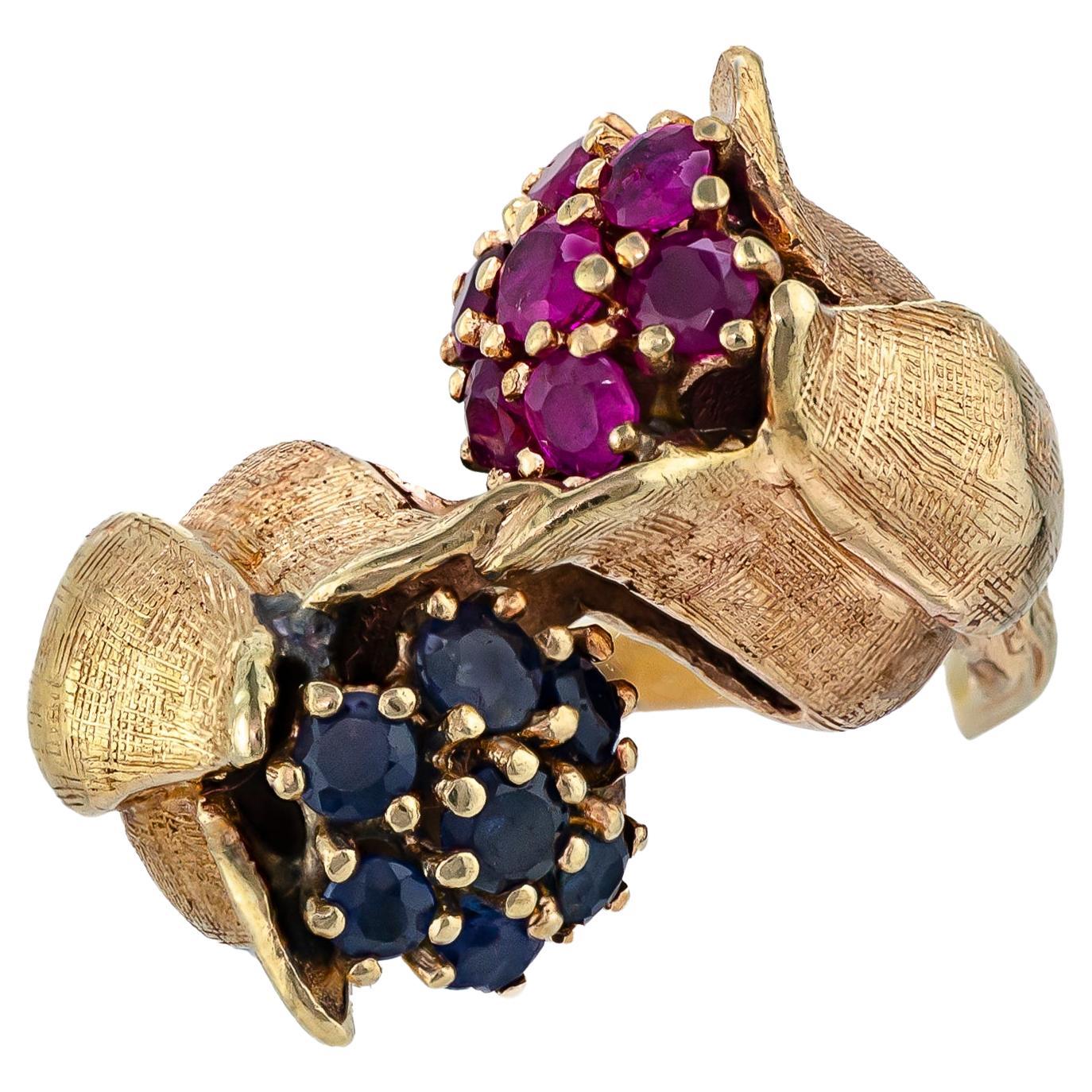 Retro 14kt Yellow Gold Ruby and Sapphire Floral Crossover Ring