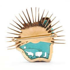 Retro 14K Yellow Gold Asian Carved Turquoise Sunburst Brooch