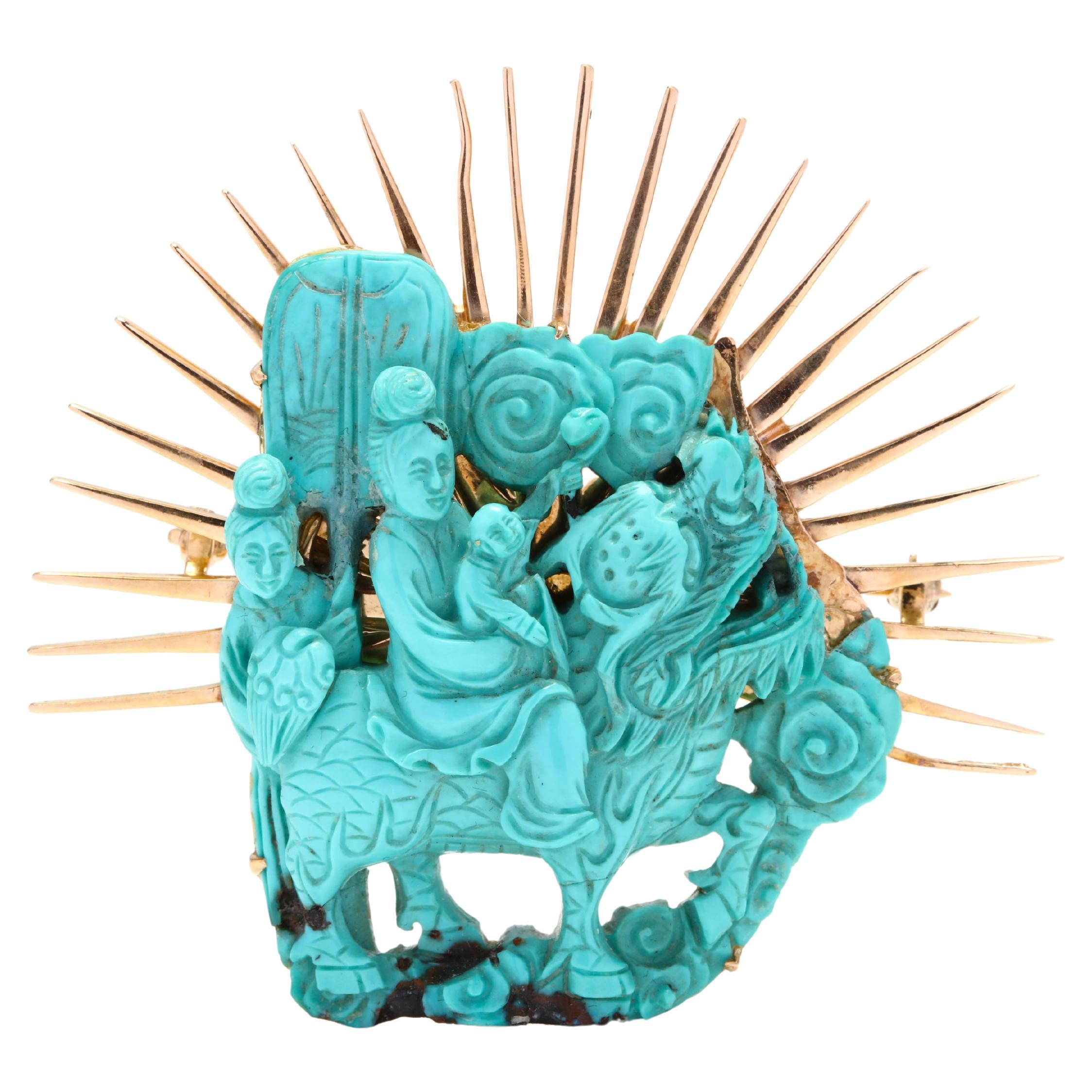 Retro 14K Yellow Gold Asian Carved Turquoise Sunburst Brooch For Sale