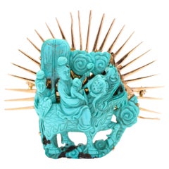 Broche rétro en or jaune 14 carats avec turquoise sculptée d'Asie
