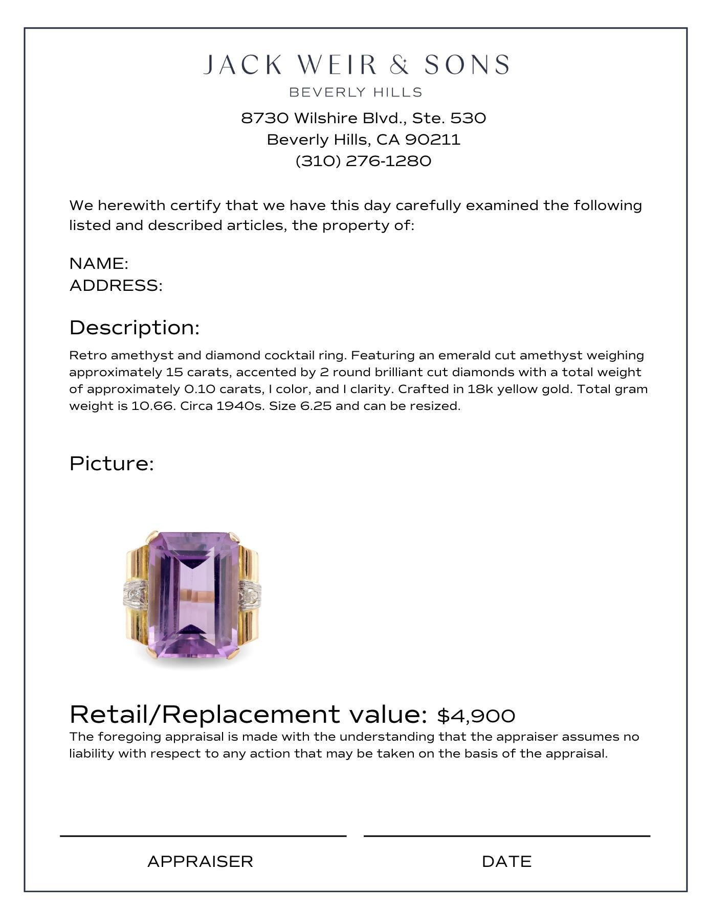 Women's or Men's Retro 15 carat amethyst diamond 18k yellow gold cocktail ring For Sale
