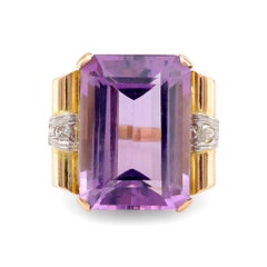 Anillo de cóctel retro 15 quilates amatista diamante oro amarillo 18k