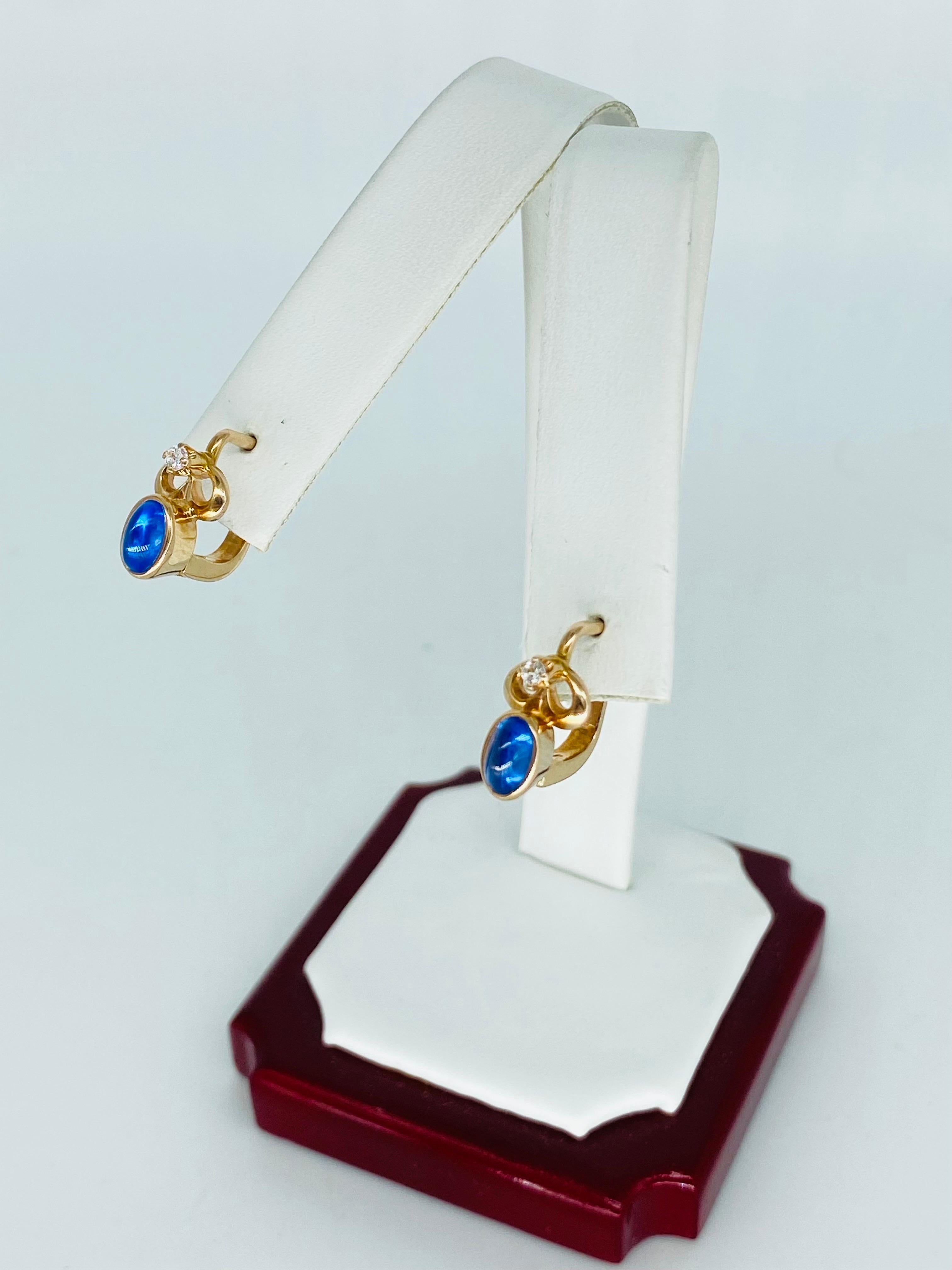 Women's Retro 1.56 Carats Blue Sapphire Cabochon Bezel Set Earrings Russian Gold 14k