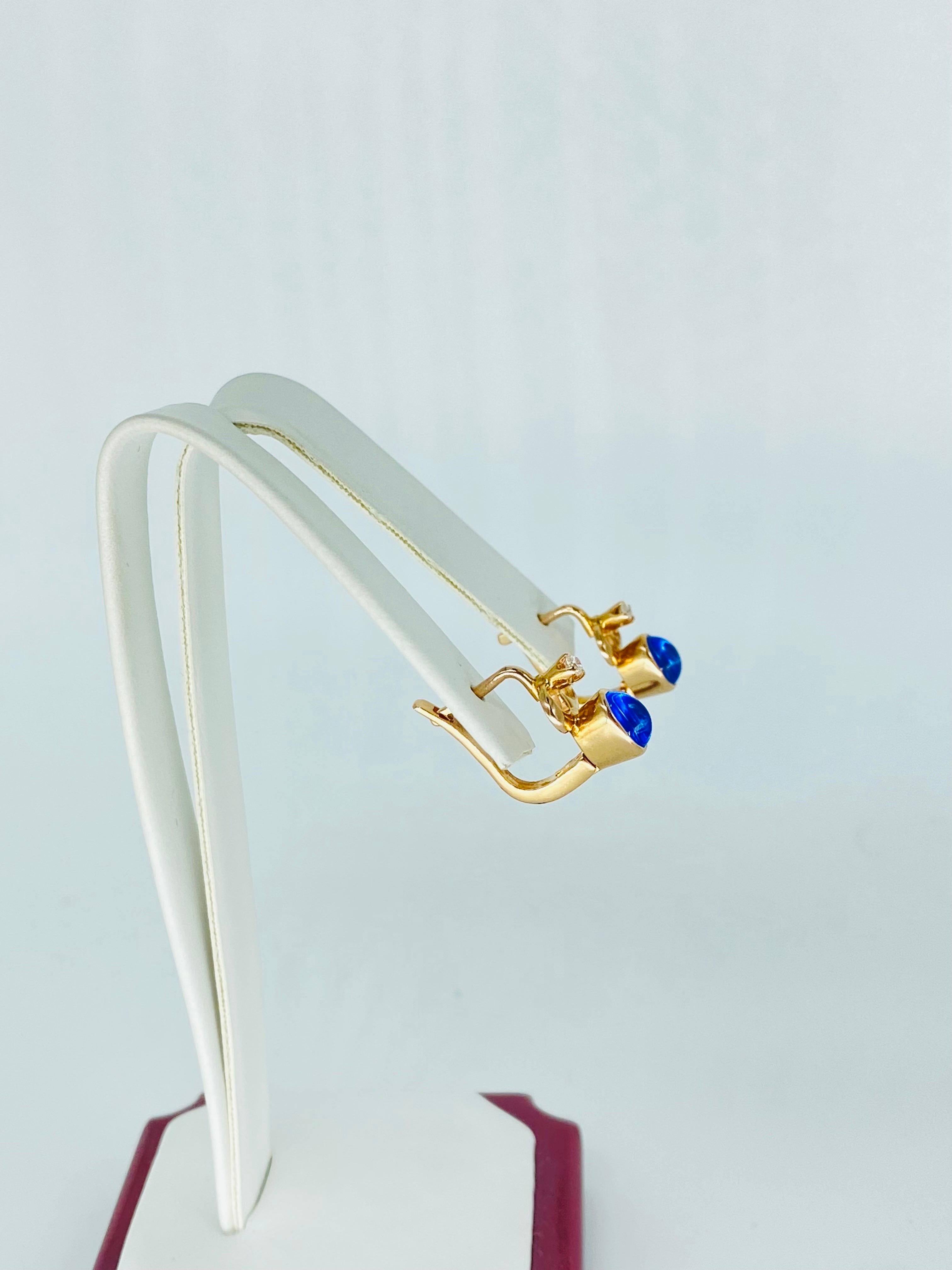 Retro 1.56 Carats Blue Sapphire Cabochon Bezel Set Earrings Russian Gold 14k 1