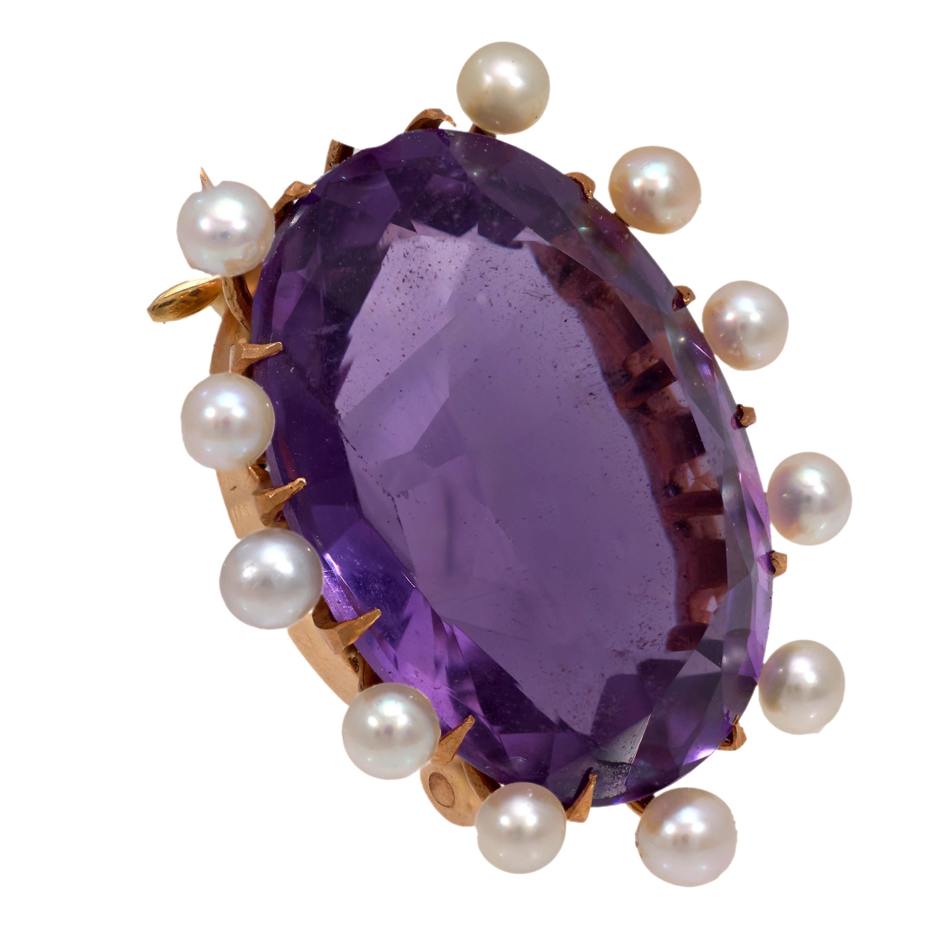 Retro 15.60 carat amethyst pearl 14k rose gold brooch Corte oval en venta