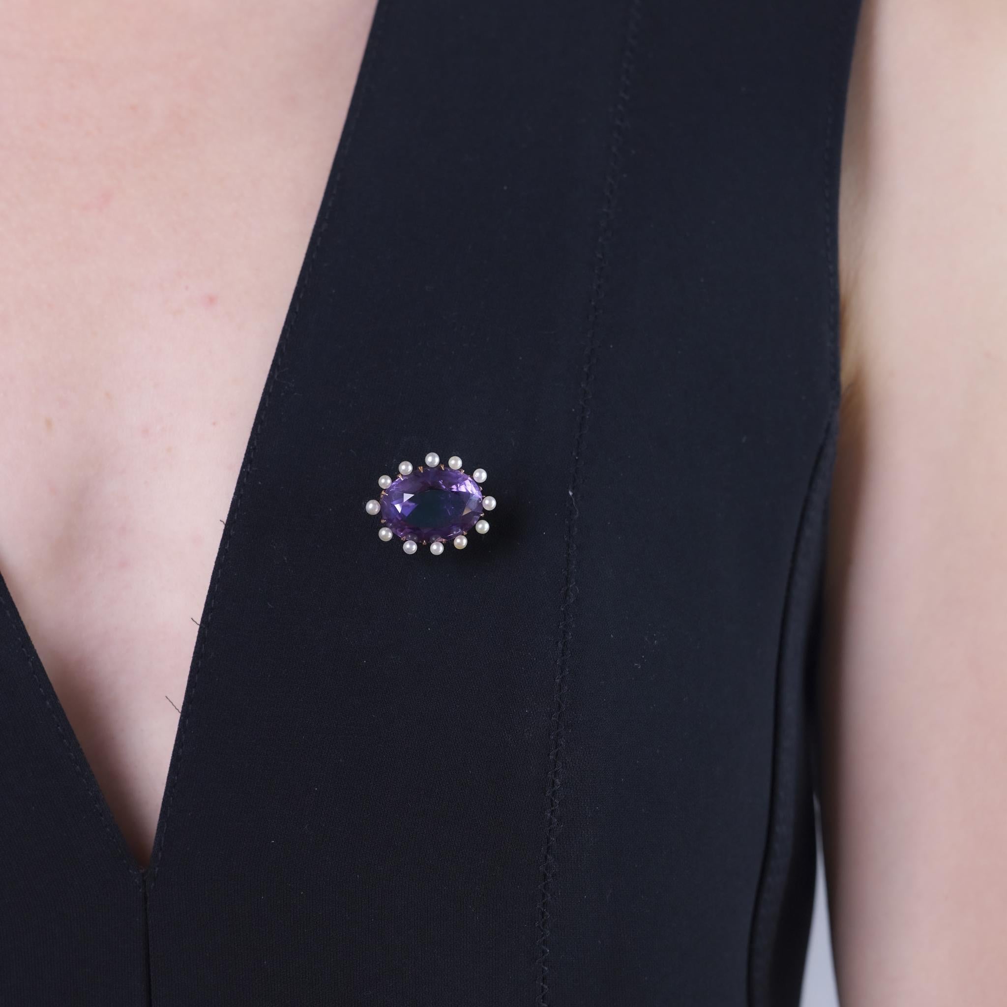 Retro 15.60 carat amethyst pearl 14k rose gold brooch en Bueno estado para la venta en Beverly Hills, CA