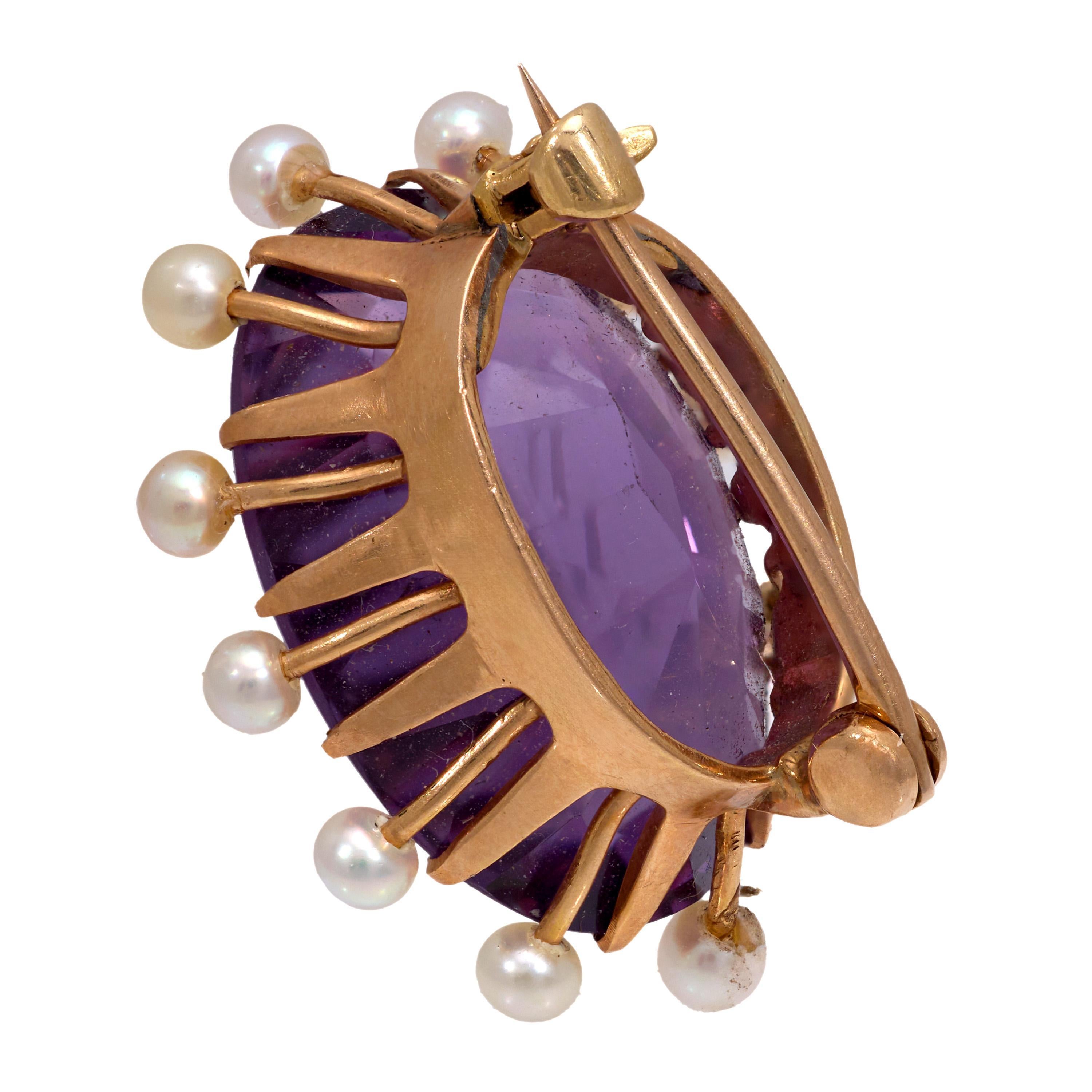 De las mujeres Retro 15.60 carat amethyst pearl 14k rose gold brooch en venta