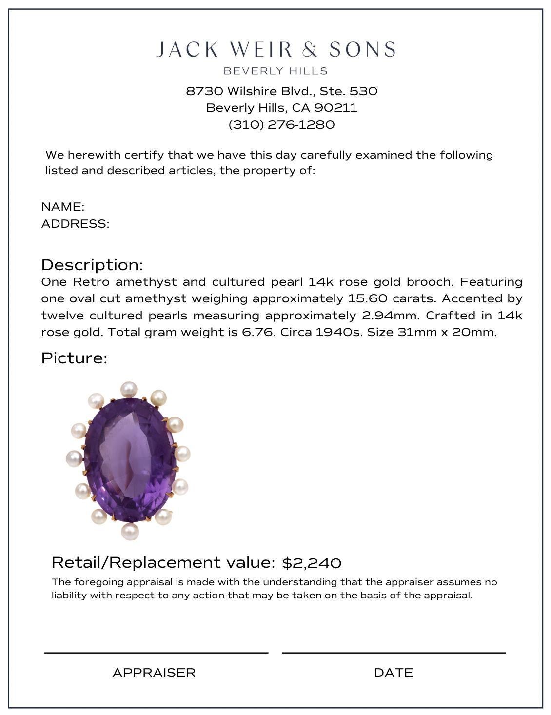 Retro 15.60 carat amethyst pearl 14k rose gold brooch en venta 1