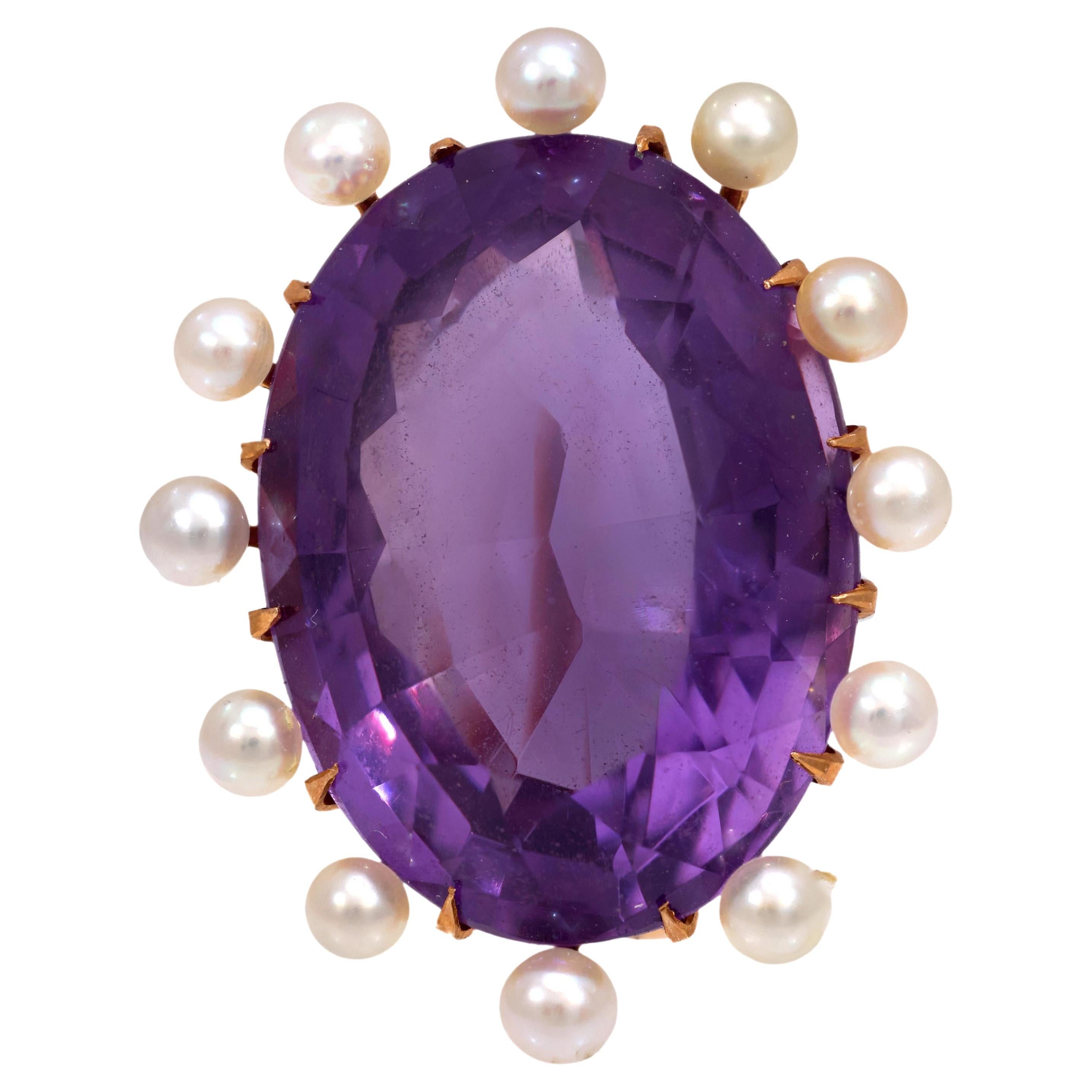 Retro 15.60 carat amethyst pearl 14k rose gold brooch