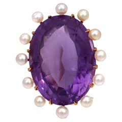 Retro 15.60 carat amethyst pearl 14k rose gold brooch