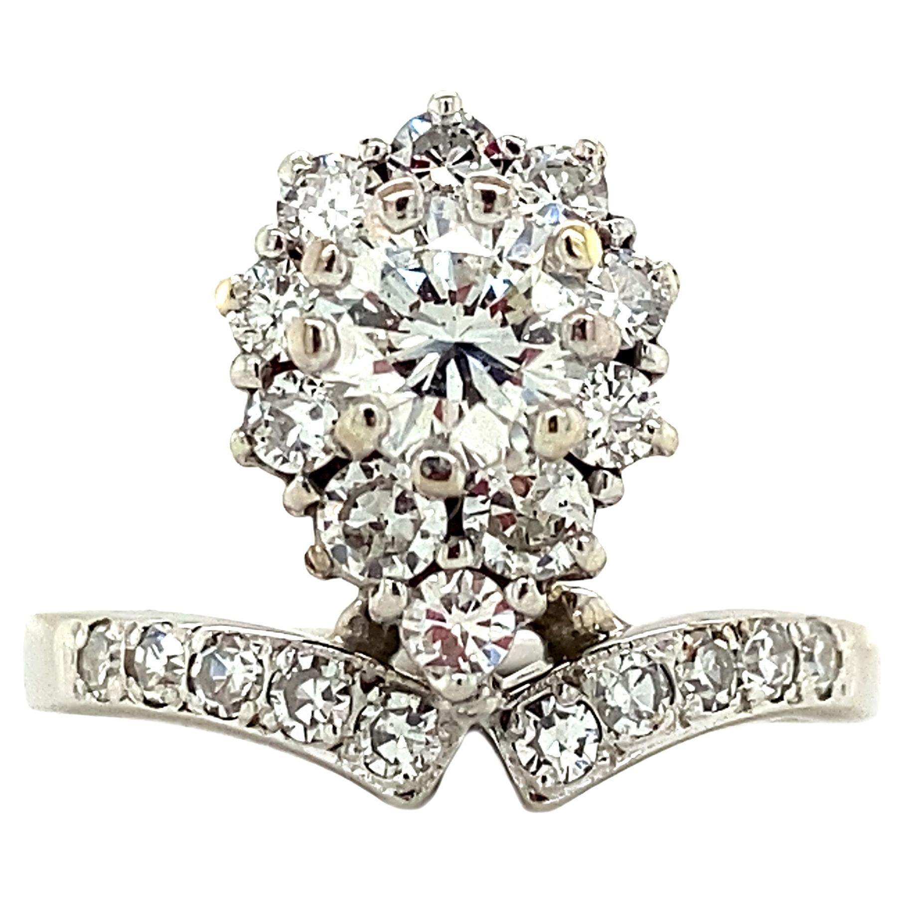 Retro 1.59 Carat Vintage Diamond Tiara Ring, 0.88 Carat Center 18K White Gold For Sale