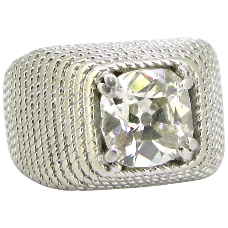 Retro 1.60 Carat Square Cushion Cut Diamond Signet Ring Platinum circa 1930