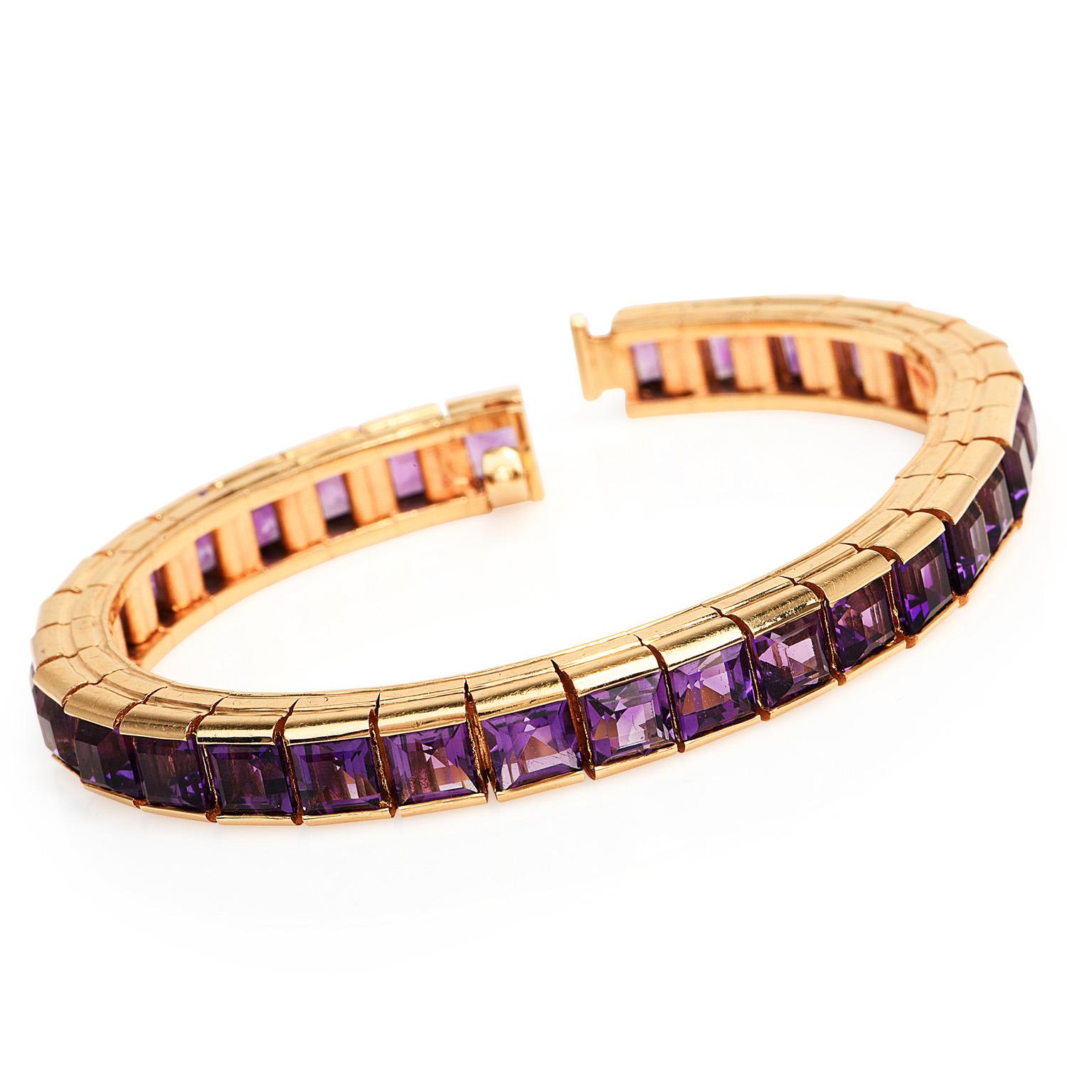 Retro Vintage line style square link bracelet, 

Crafted in solid 14K yellow gold, it composed by (32) square cut, channel-set, genuine Amethyst weighing approximately 22.00 carats.
The complete piece weights 40.0 grams, the length measures