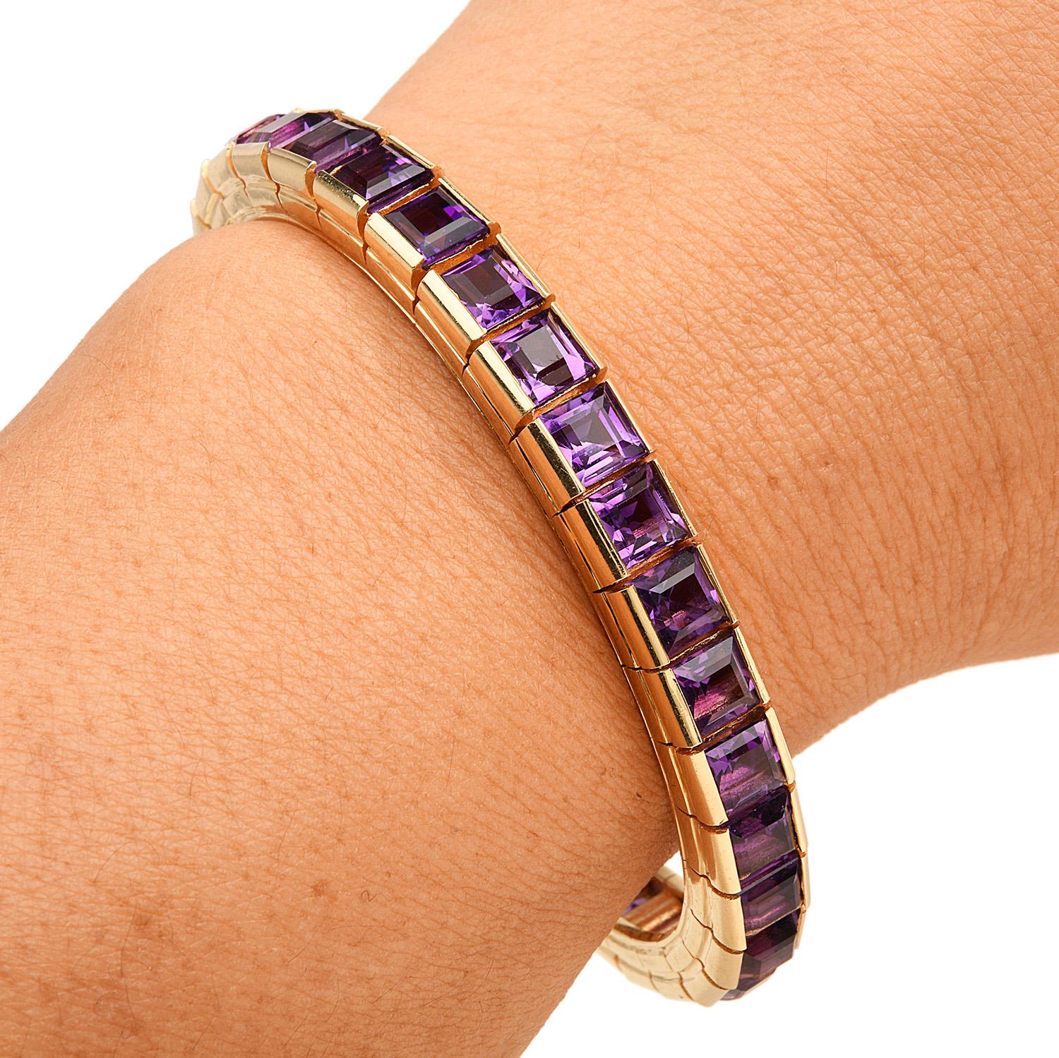 Retro 16.00ct Amethyst 14k Yellow Gold Square Line Link Bracelet In Excellent Condition In Miami, FL